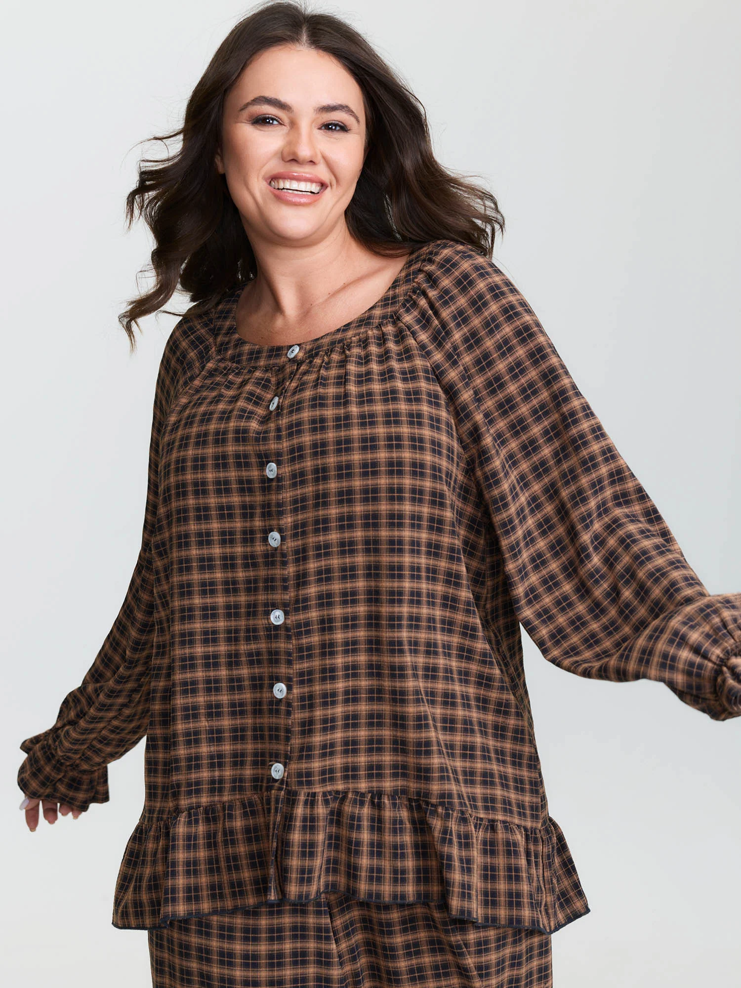 Gingham Print Ruffled Hem Co-Ord Pajama Set - Image 64