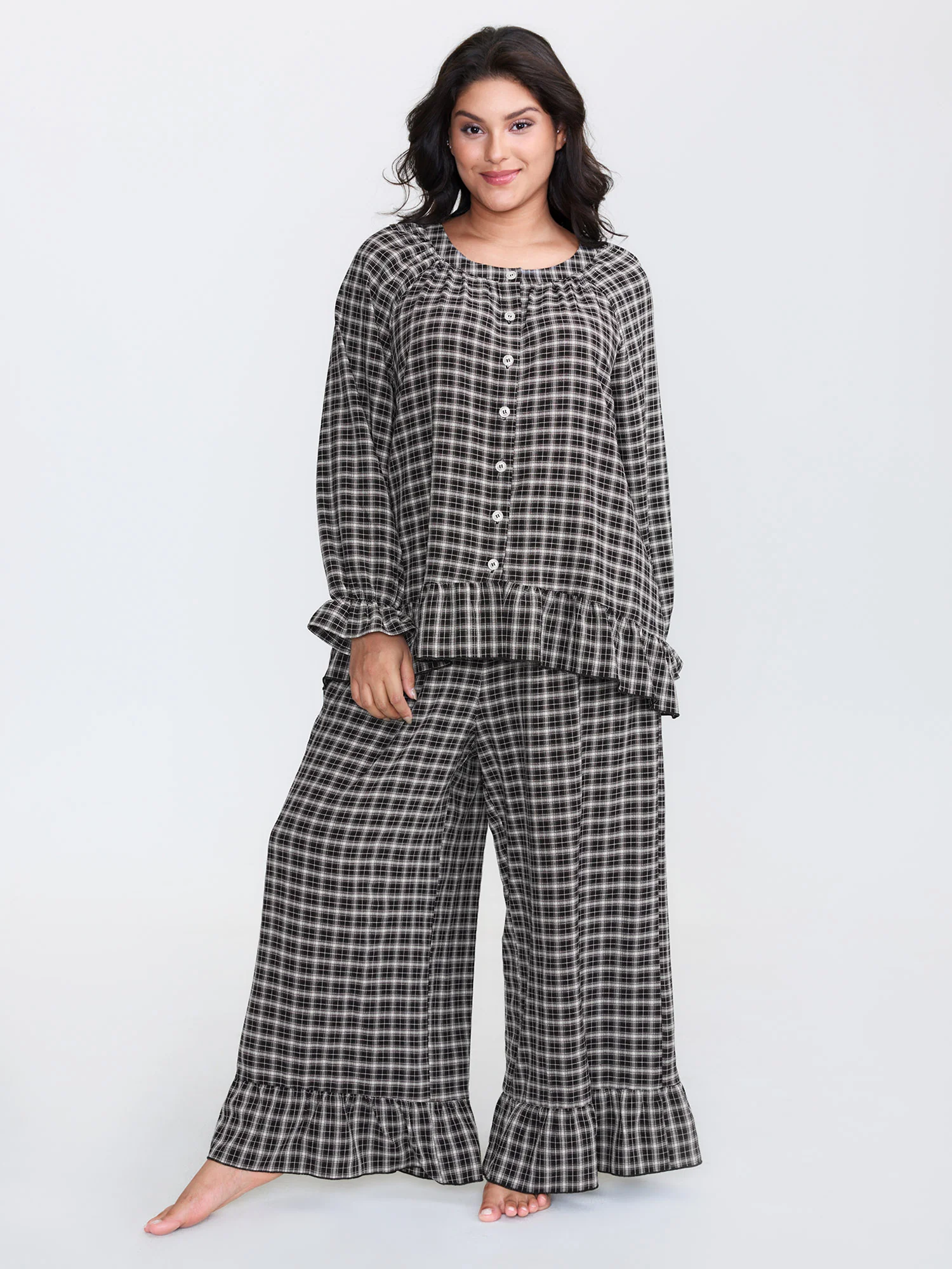 Gingham Print Ruffled Hem Co-Ord Pajama Set - Image 8