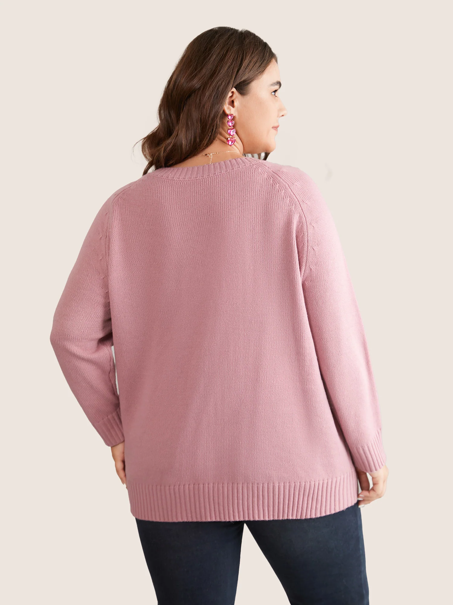 Heart Cable Knit Two Tone Raglan Sleeve Pullover - Image 2