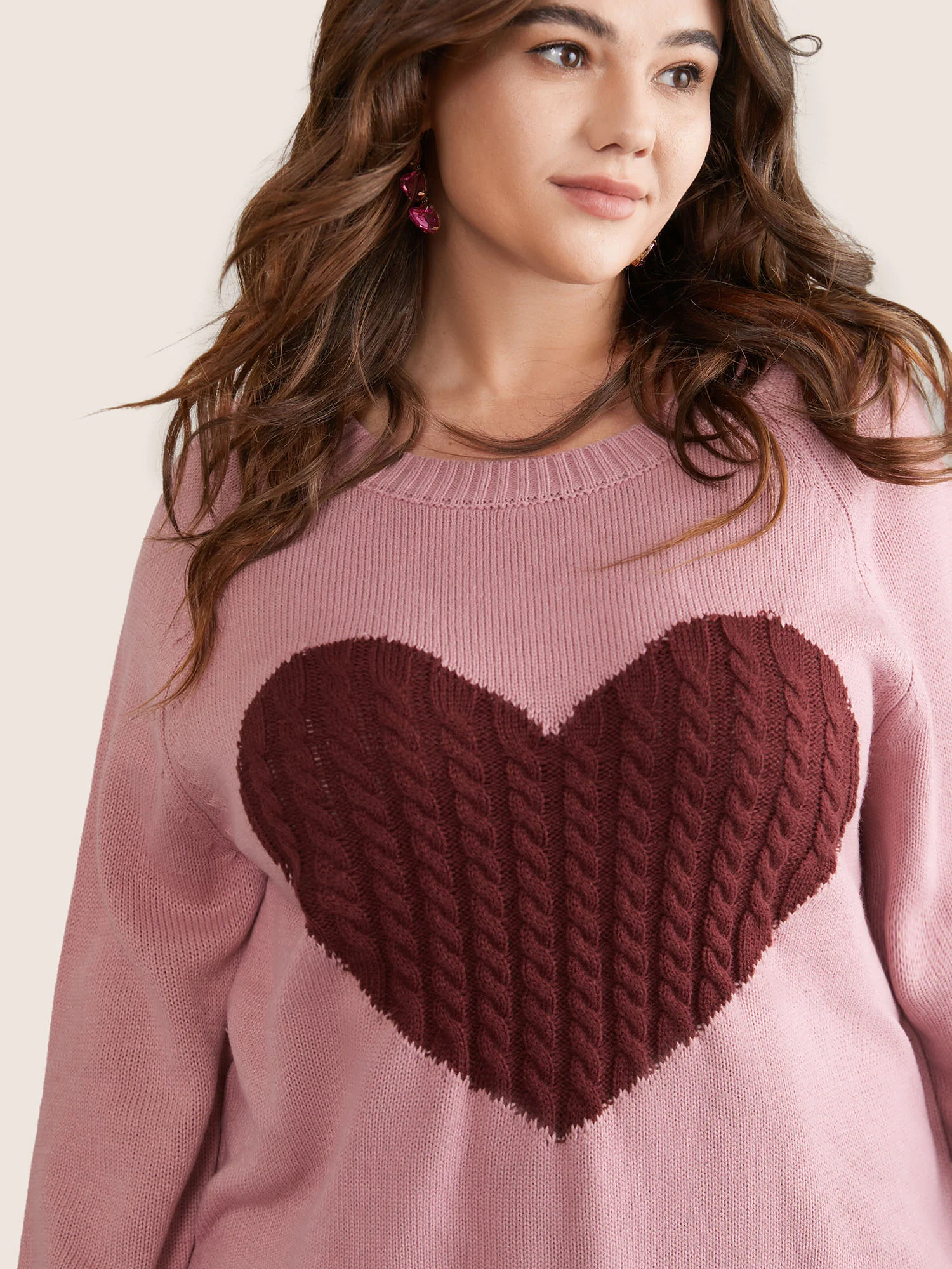 Heart Cable Knit Two Tone Raglan Sleeve Pullover - Image 3