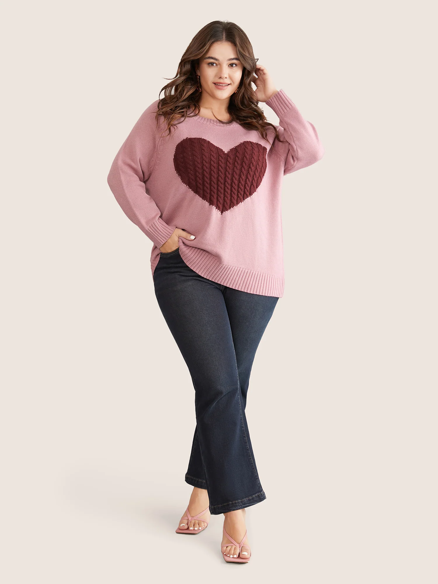 Heart Cable Knit Two Tone Raglan Sleeve Pullover - Image 4
