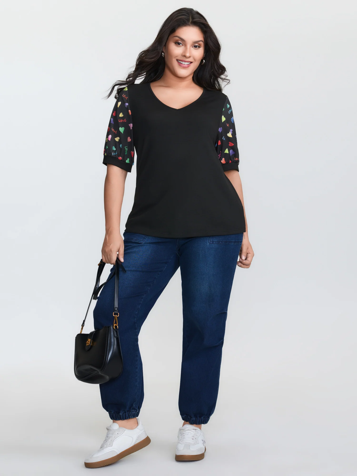 Heart Print Stretchy V-Neck T-Shirt - Image 2