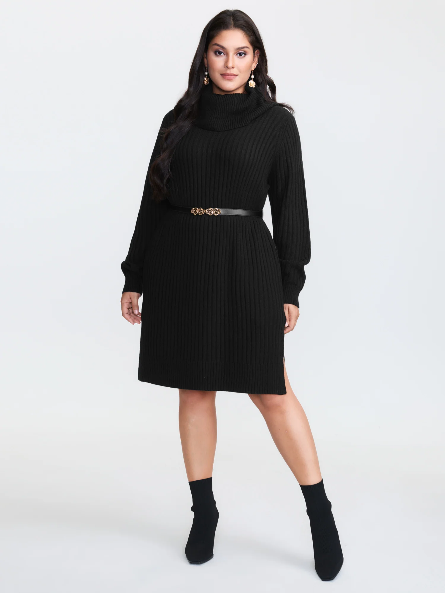 High Turtleneck Textured Sweater Dress - Image 3