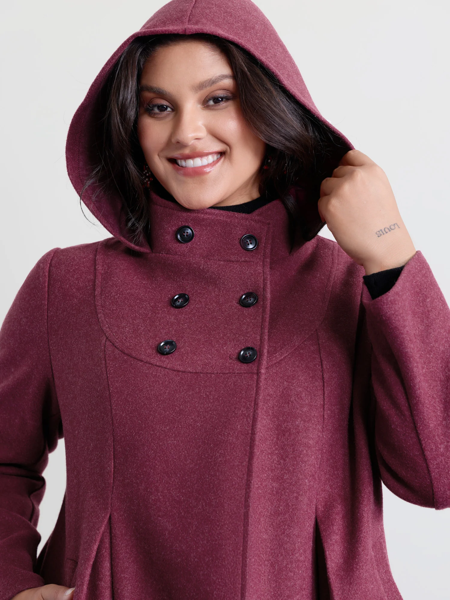 Hooded Pleated Pockets Waist-Defining Coat - Image 2