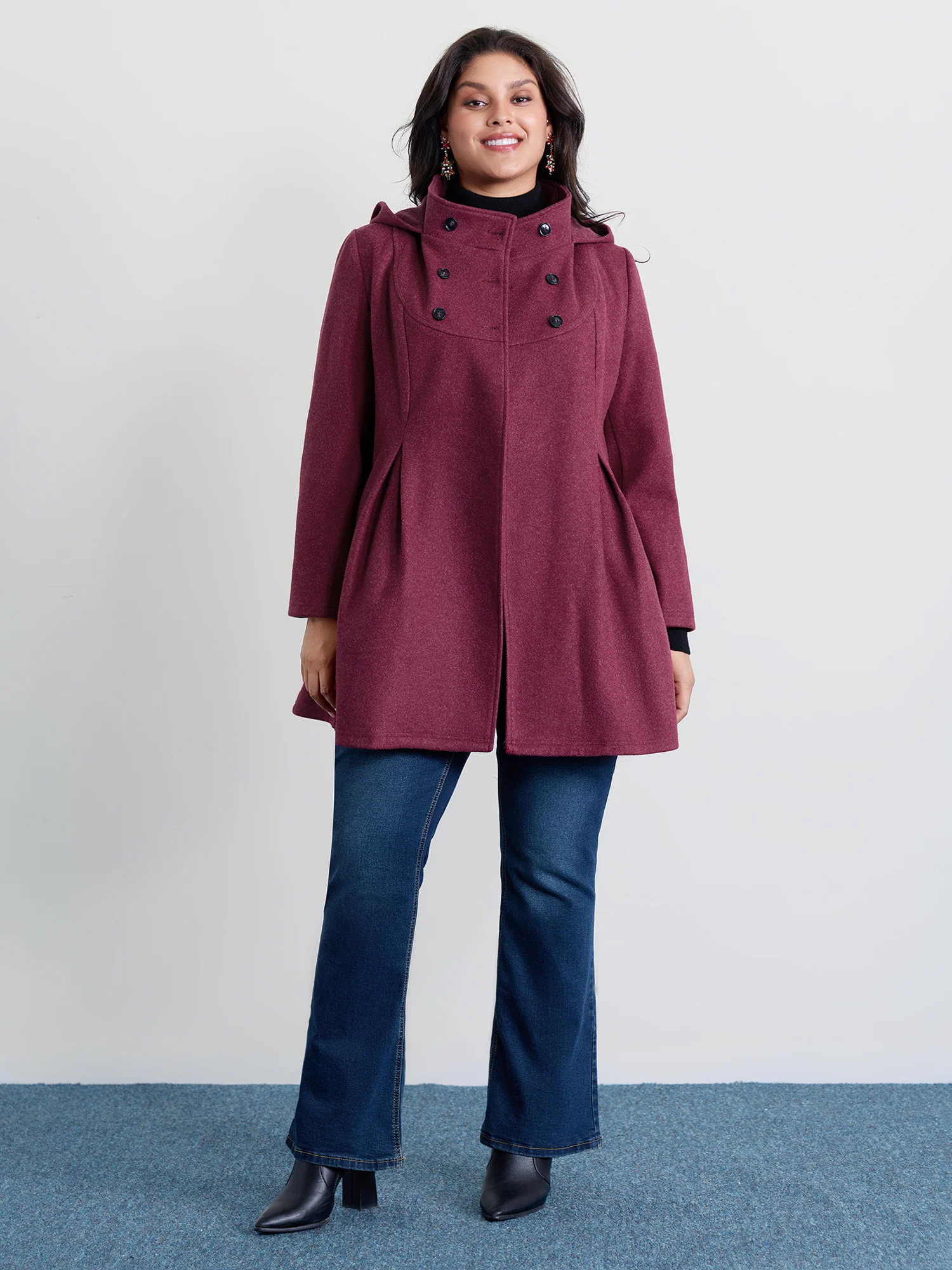 Hooded Pleated Pockets Waist-Defining Coat - Image 3