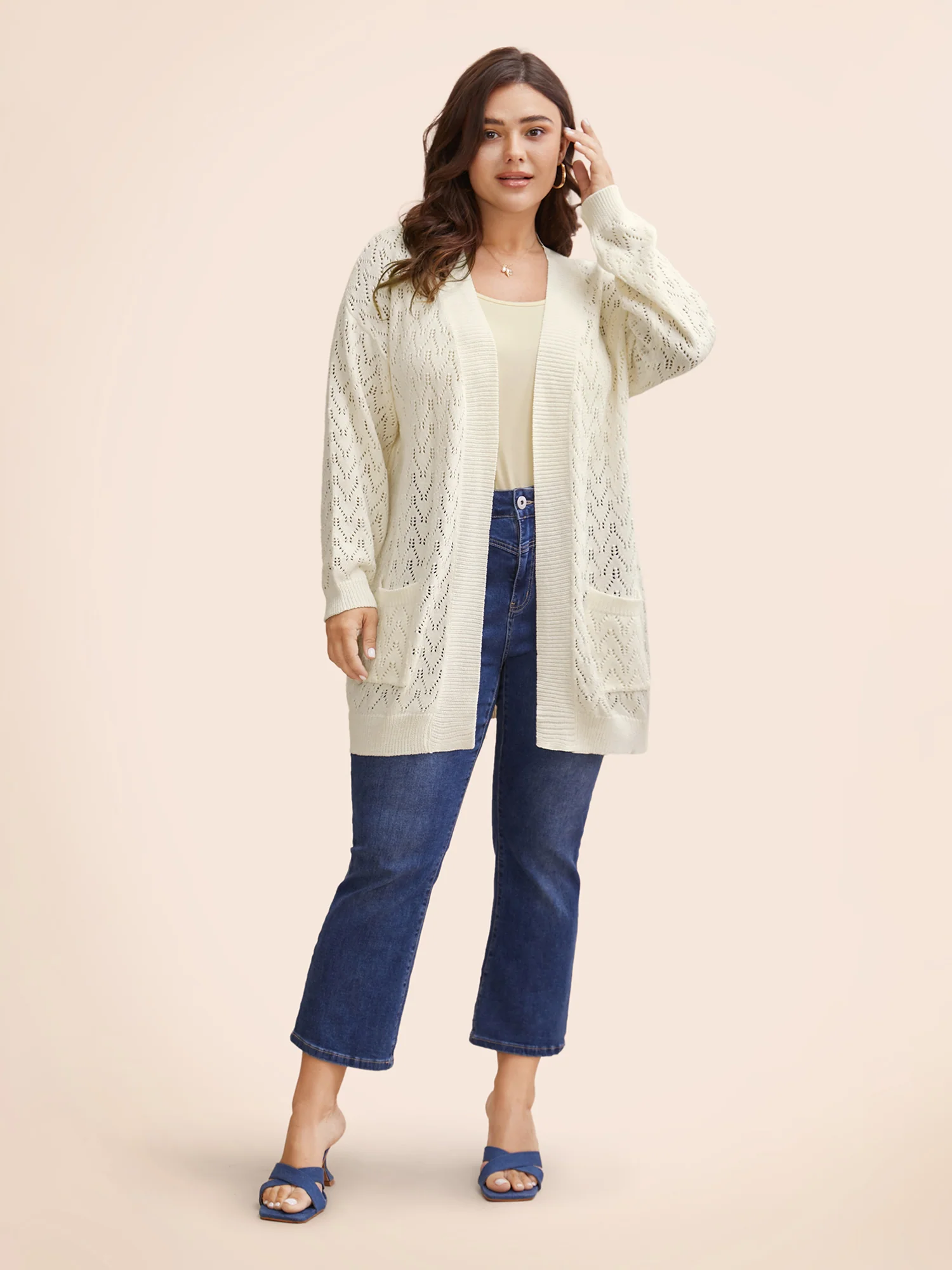 Kimono Collar Patch Pocket Pointelle Knit Cardigan - Image 2