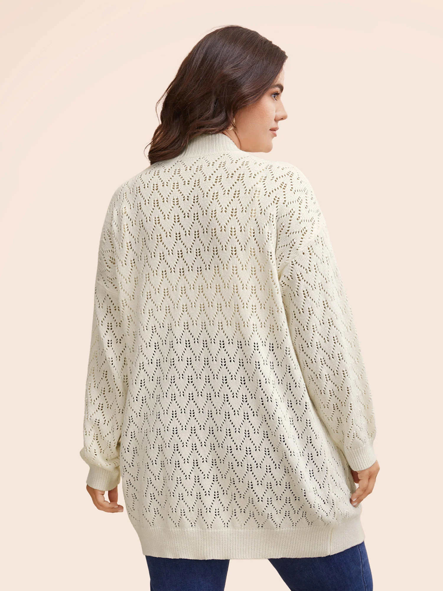 Kimono Collar Patch Pocket Pointelle Knit Cardigan - Image 5