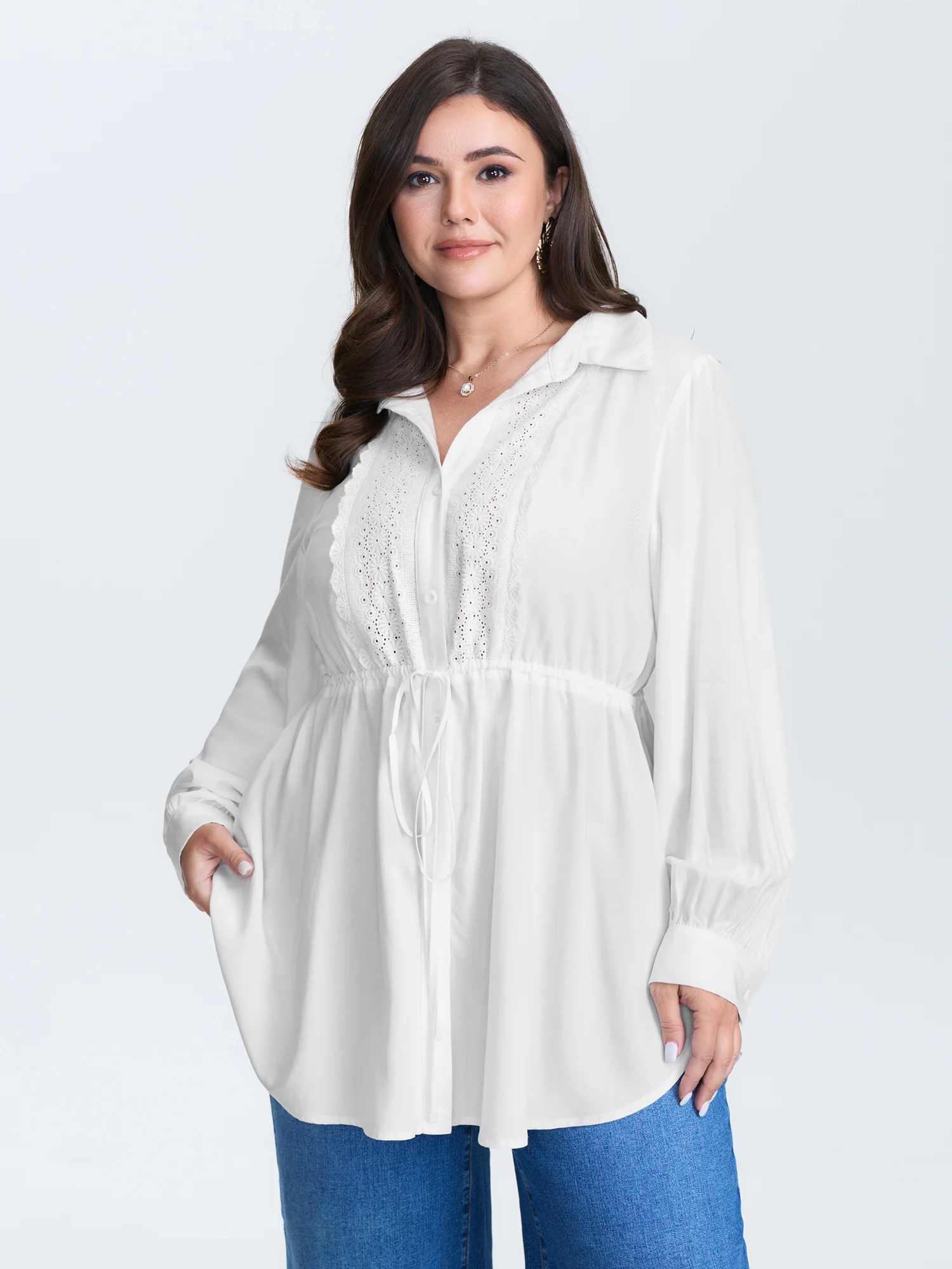 Lace Cut-Out Drawstring Waist Blouse