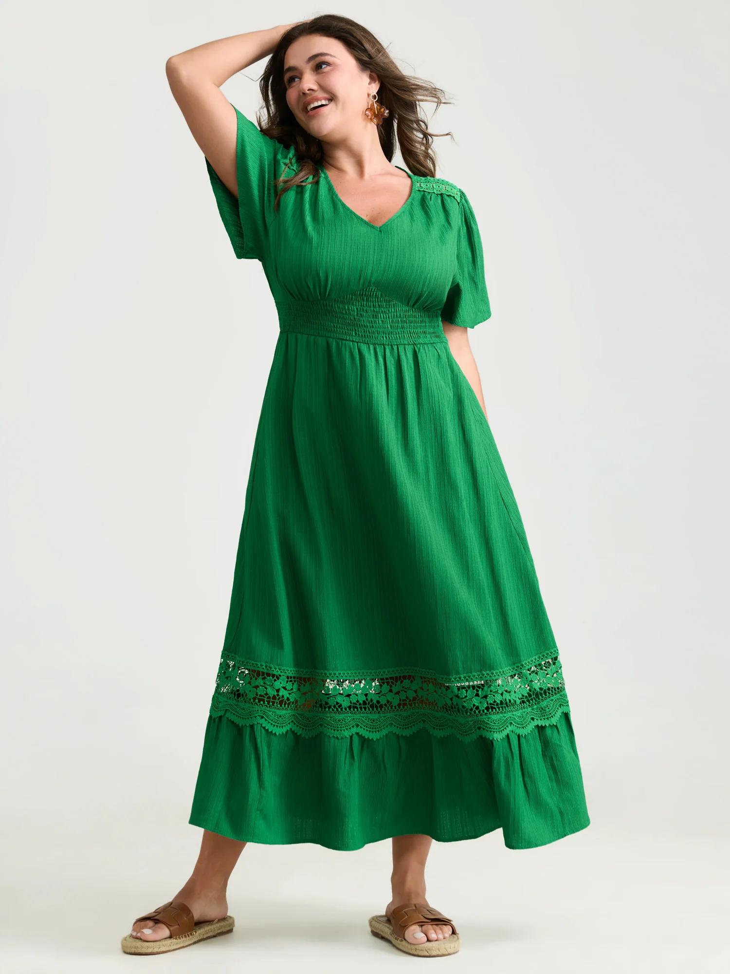 Lace Cut-Out Shirred Solid Maxi Dress