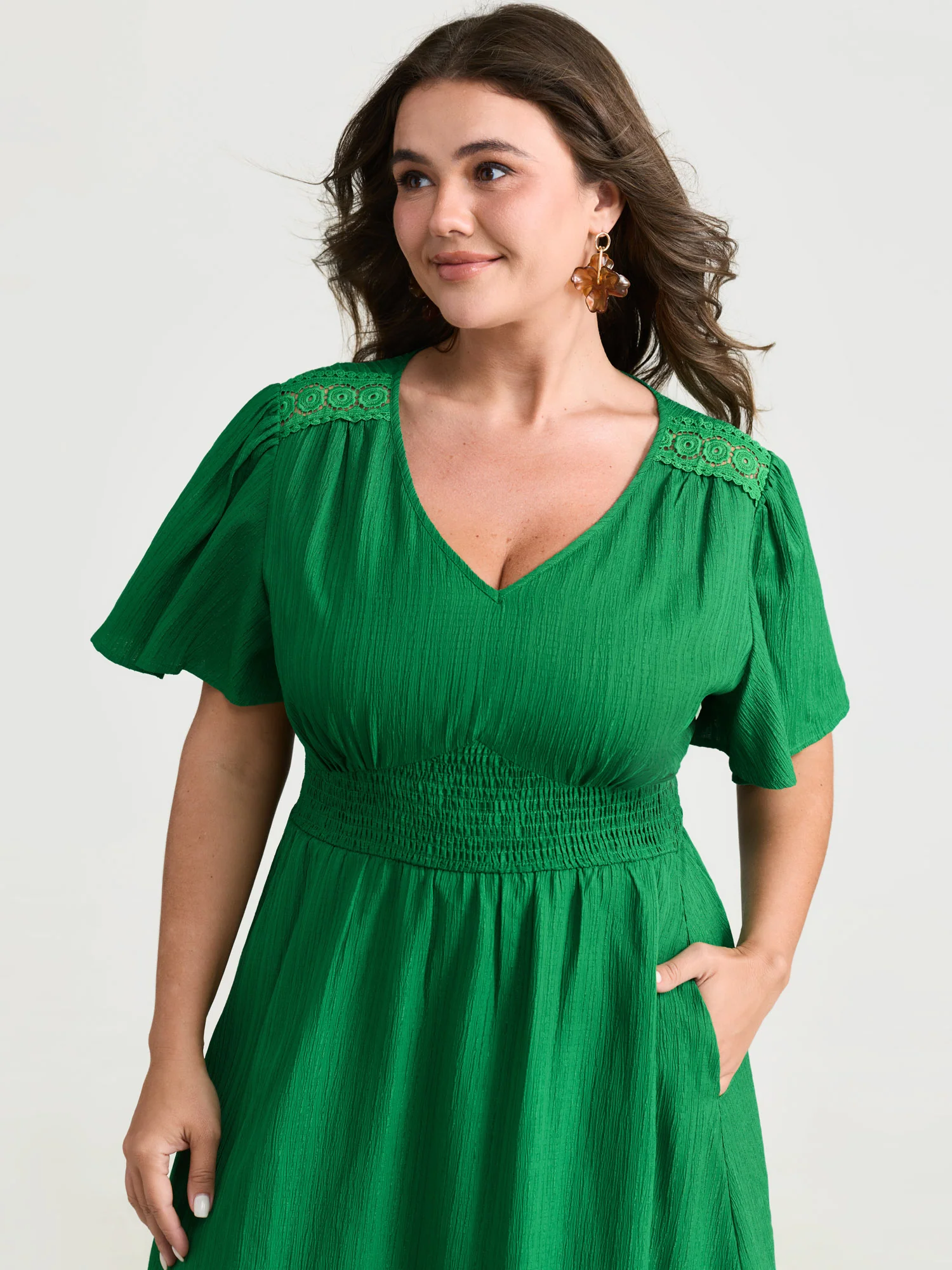 Lace Cut-Out Shirred Solid Maxi Dress - Image 2