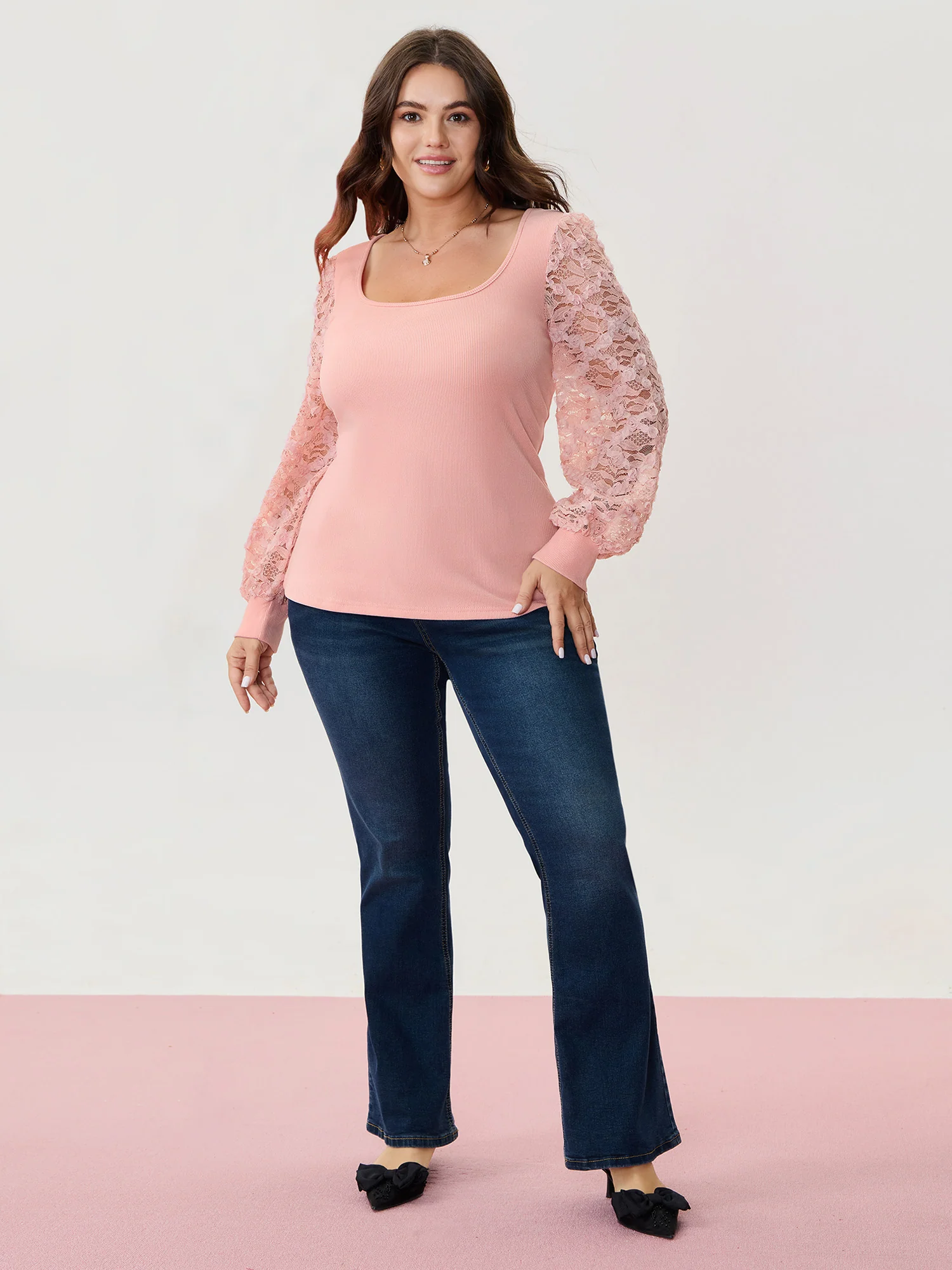 Lace Sleeve 3D Floral Knit Top - Image 2