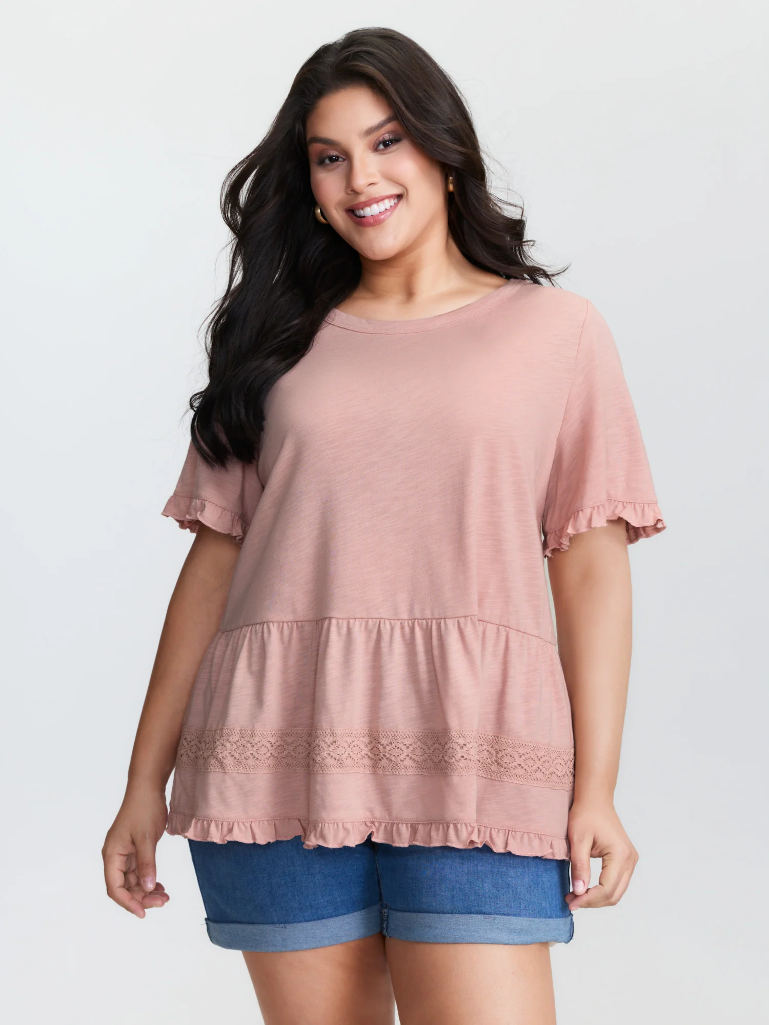 Lace Trim Ruffled Hem Plain Knit Top
