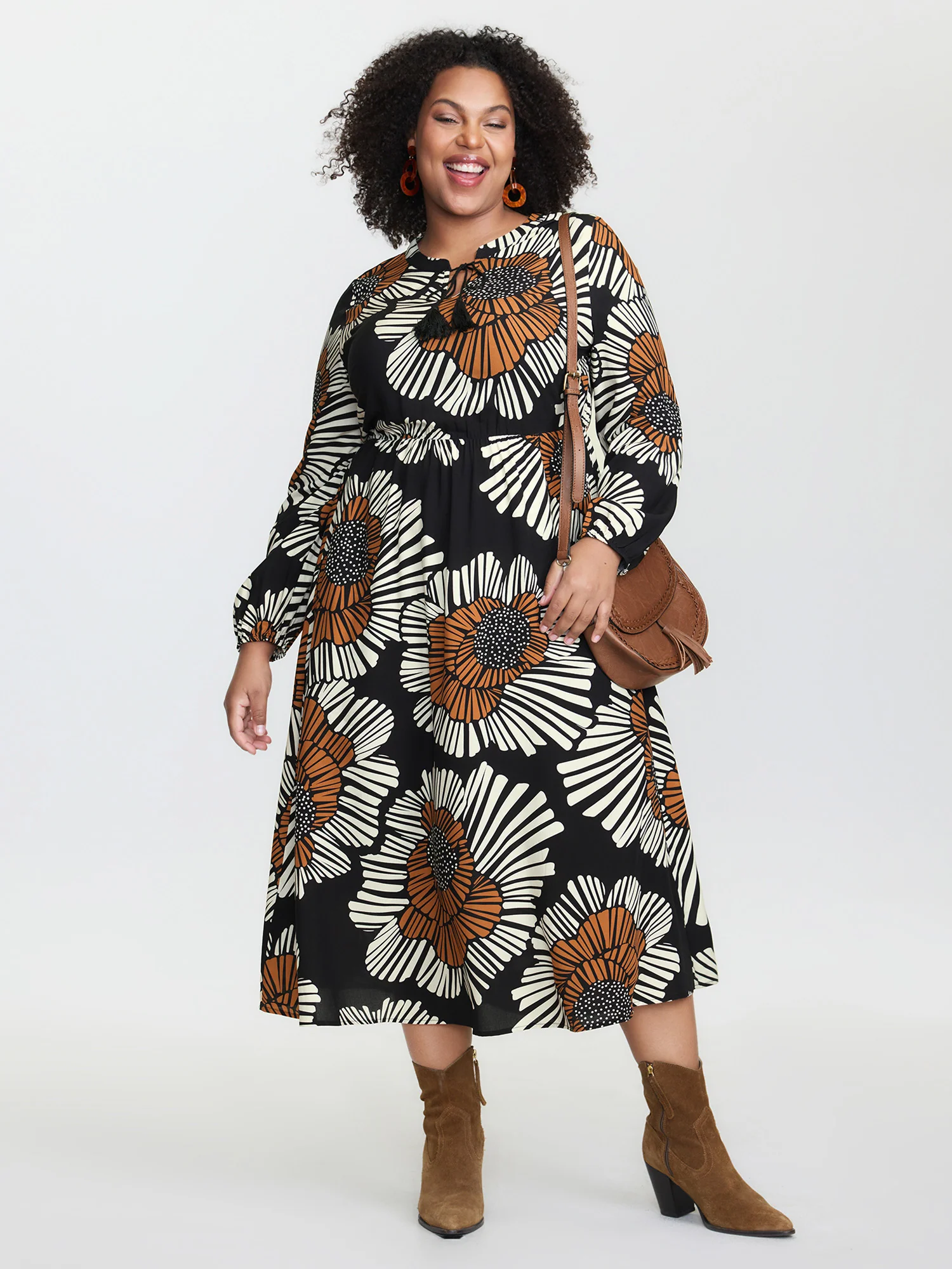 Large Floral Print Notched Collar Midi Dress