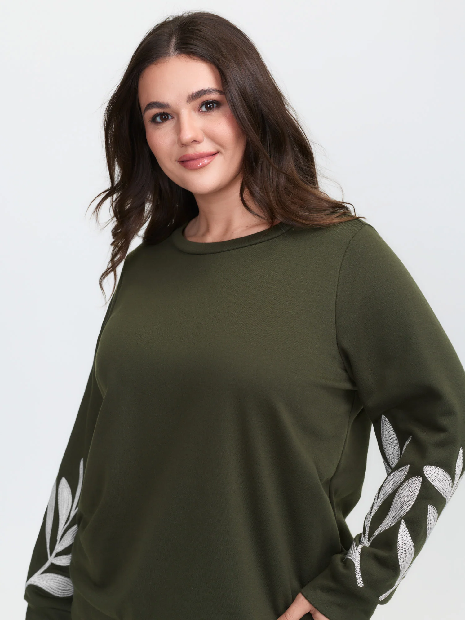 Leaf Embroidered Sleeve Round Neck Sweatshirt - Image 2