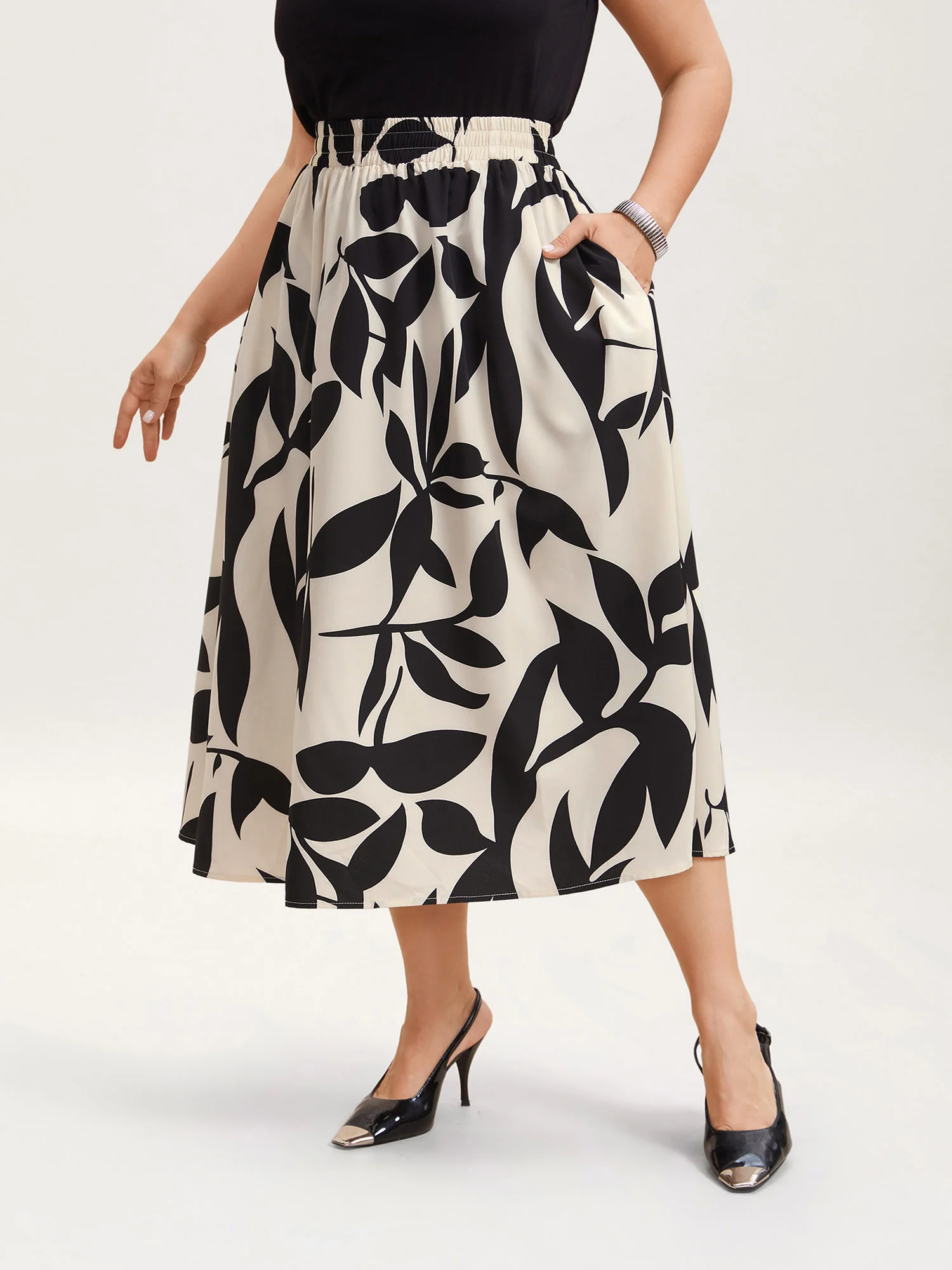 Leaf Print Stretchy-Waist Midi Skirt - Image 4