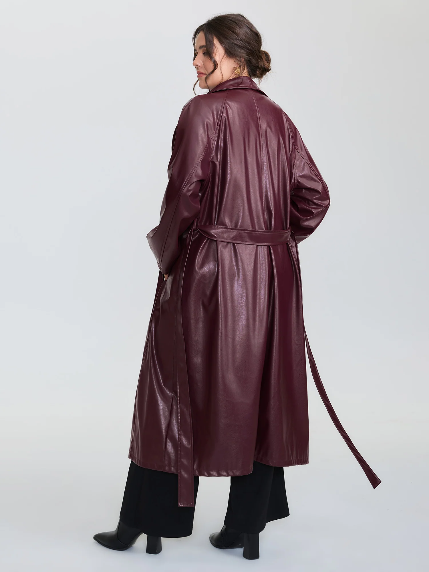 Artificial Leather Belted Waist Long Coat - Image 4