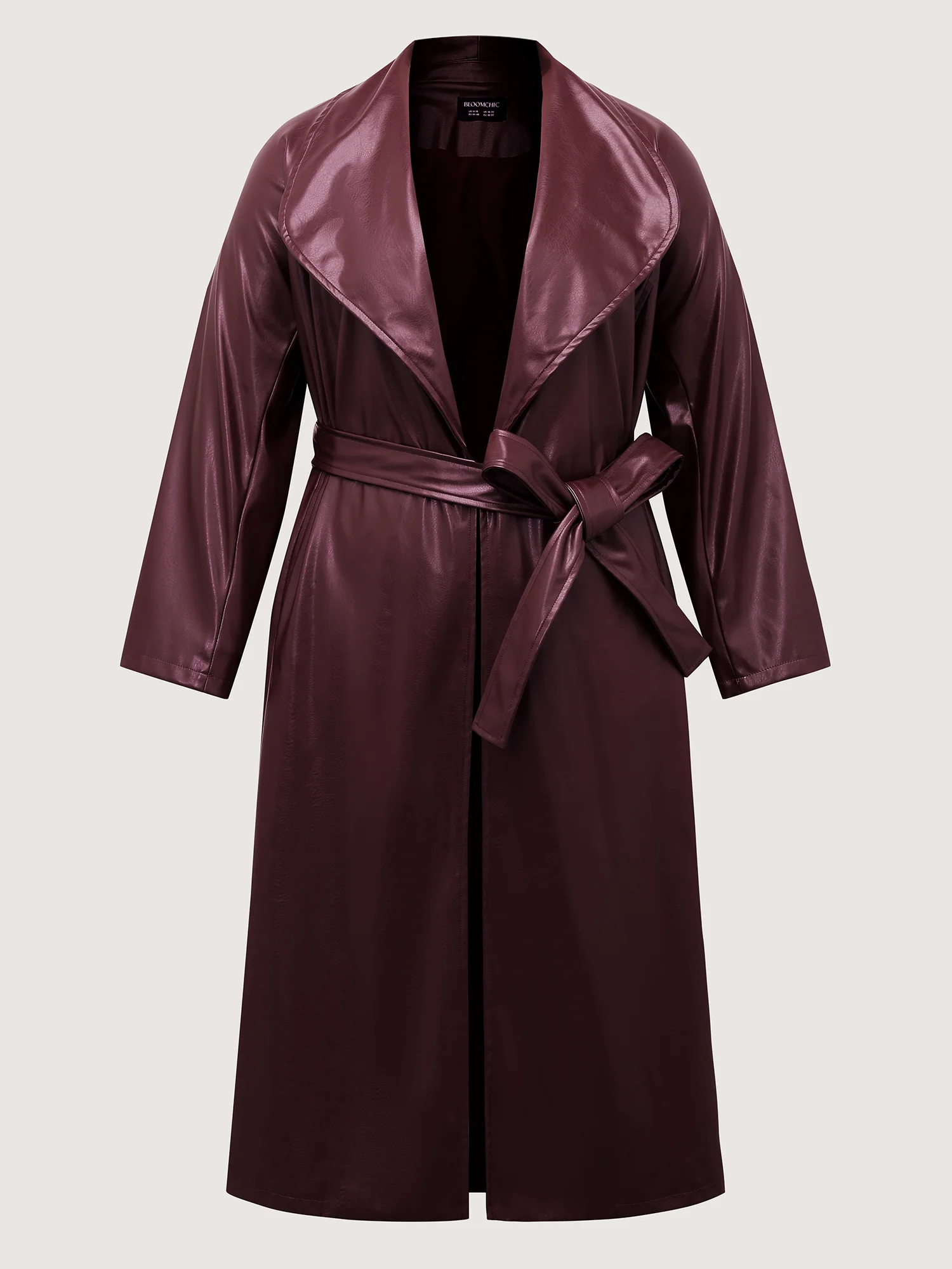Artificial Leather Belted Waist Long Coat - Image 7