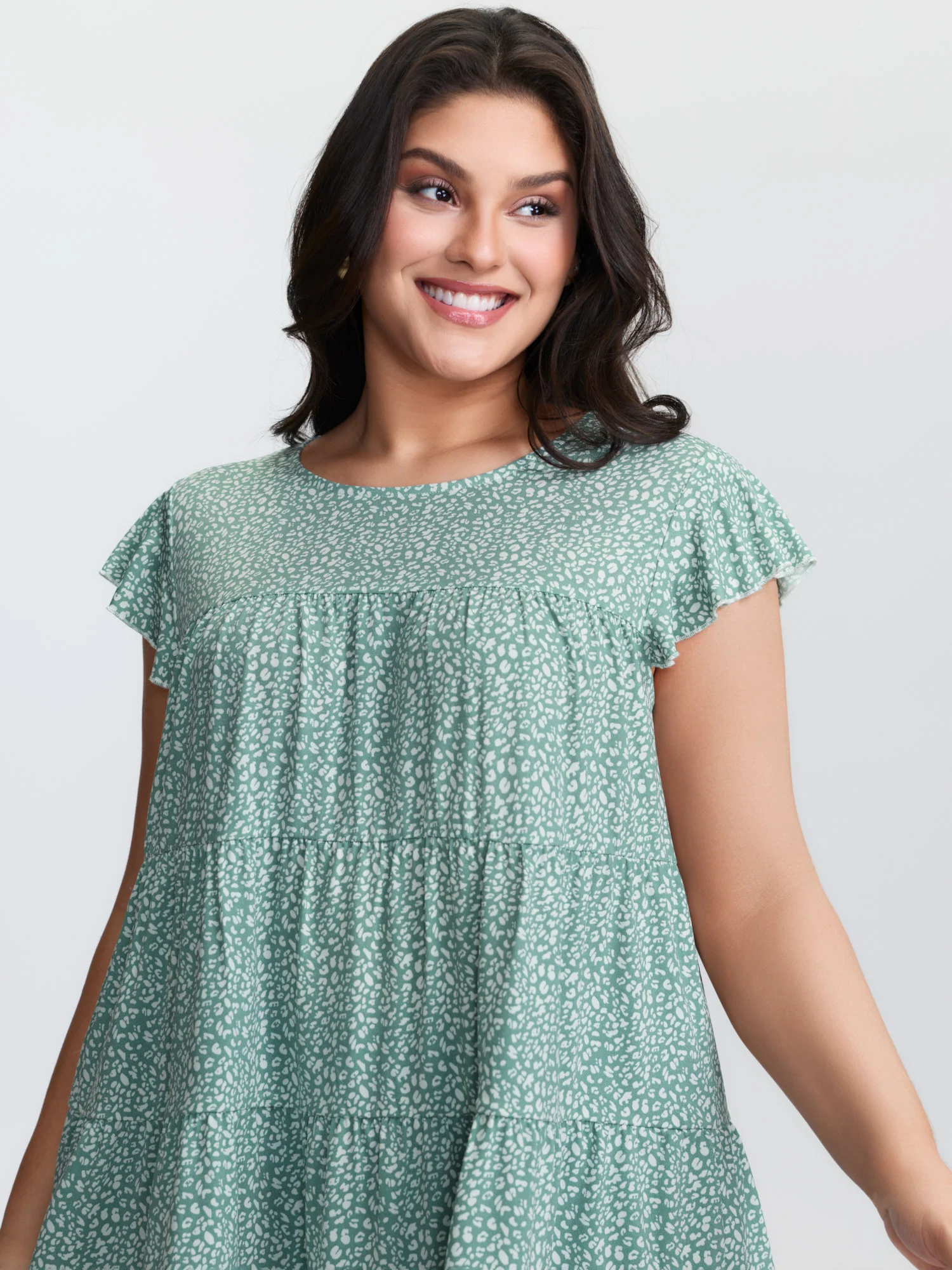 Leopard Print Tiered Flutter Sleeve Knit Top - Image 2
