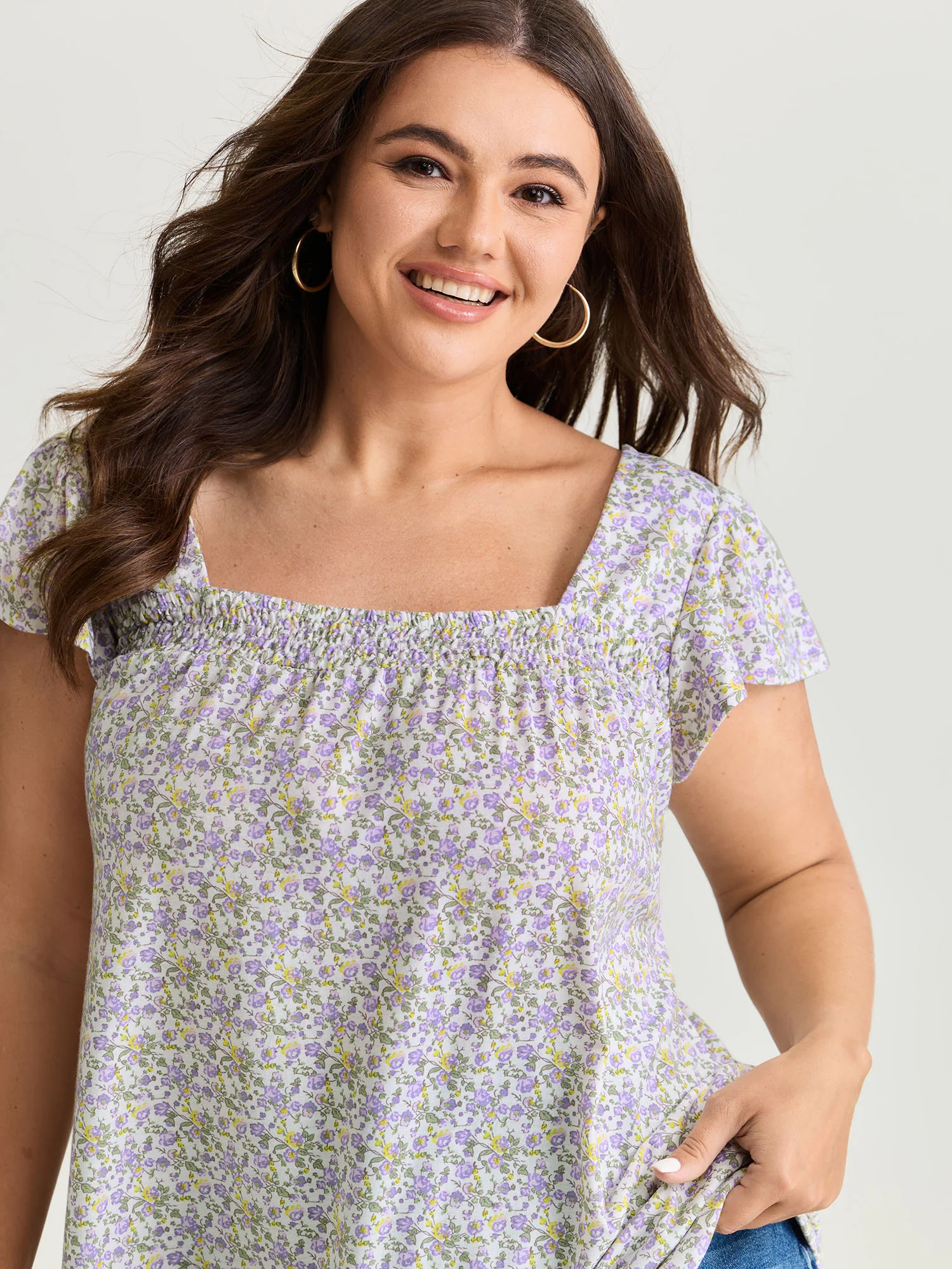 Micro Floral Print Shirred Neckline Knit Top - Image 2