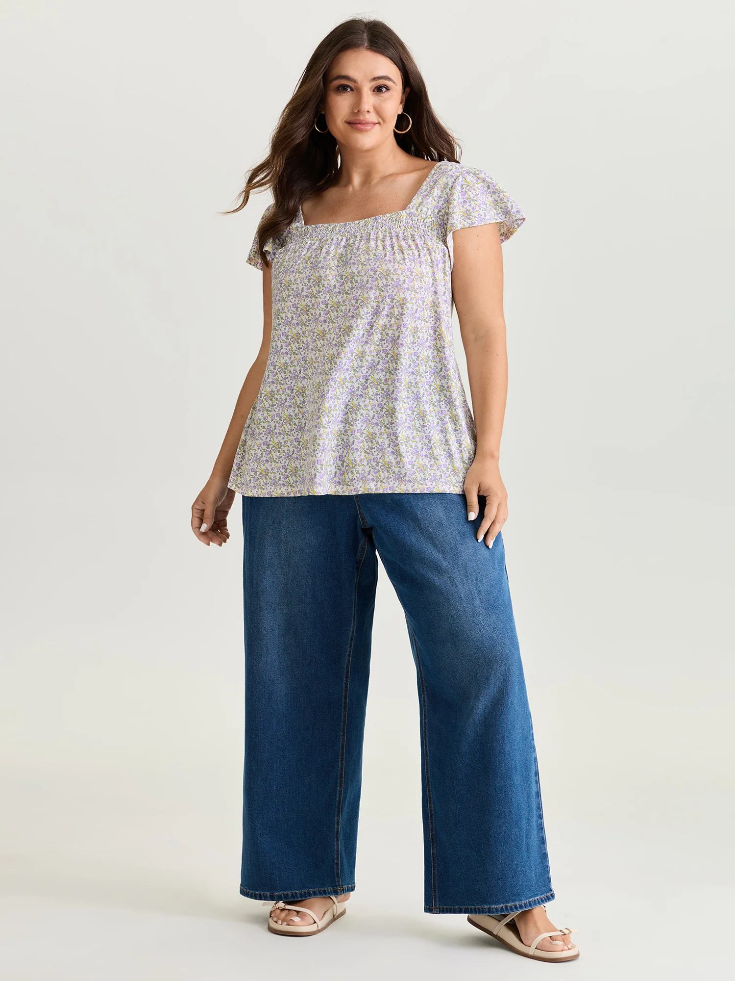 Micro Floral Print Shirred Neckline Knit Top - Image 3