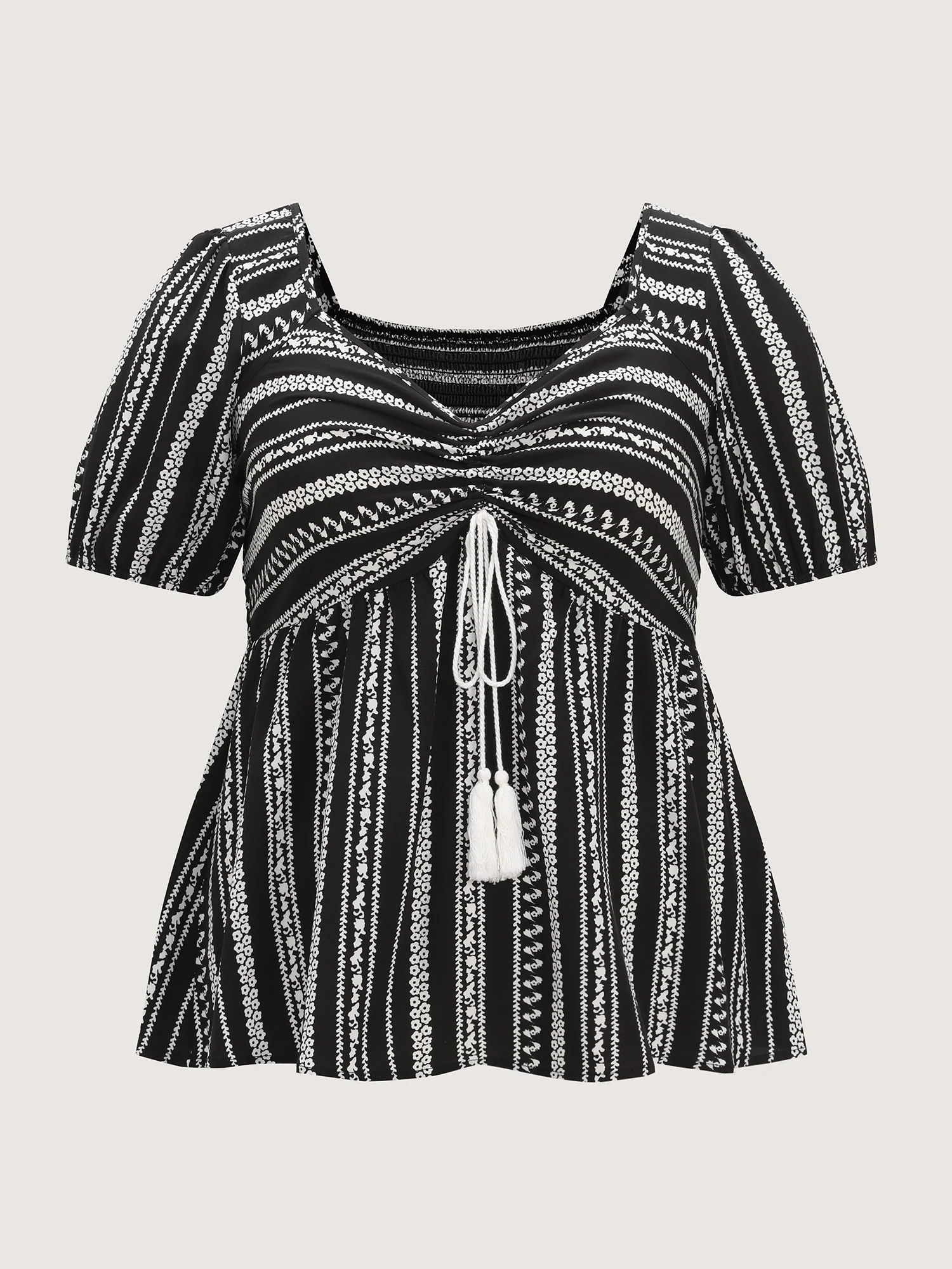 Monochrome Floral Stripe Babydoll Blouse - Image 7