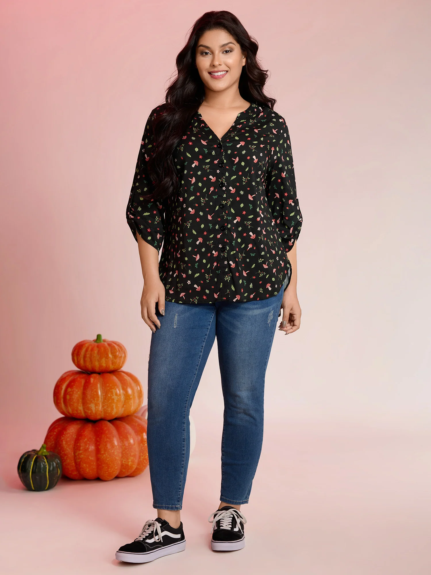 Mushroom Print Adjustable Sleeve Placket Blouse - Image 3