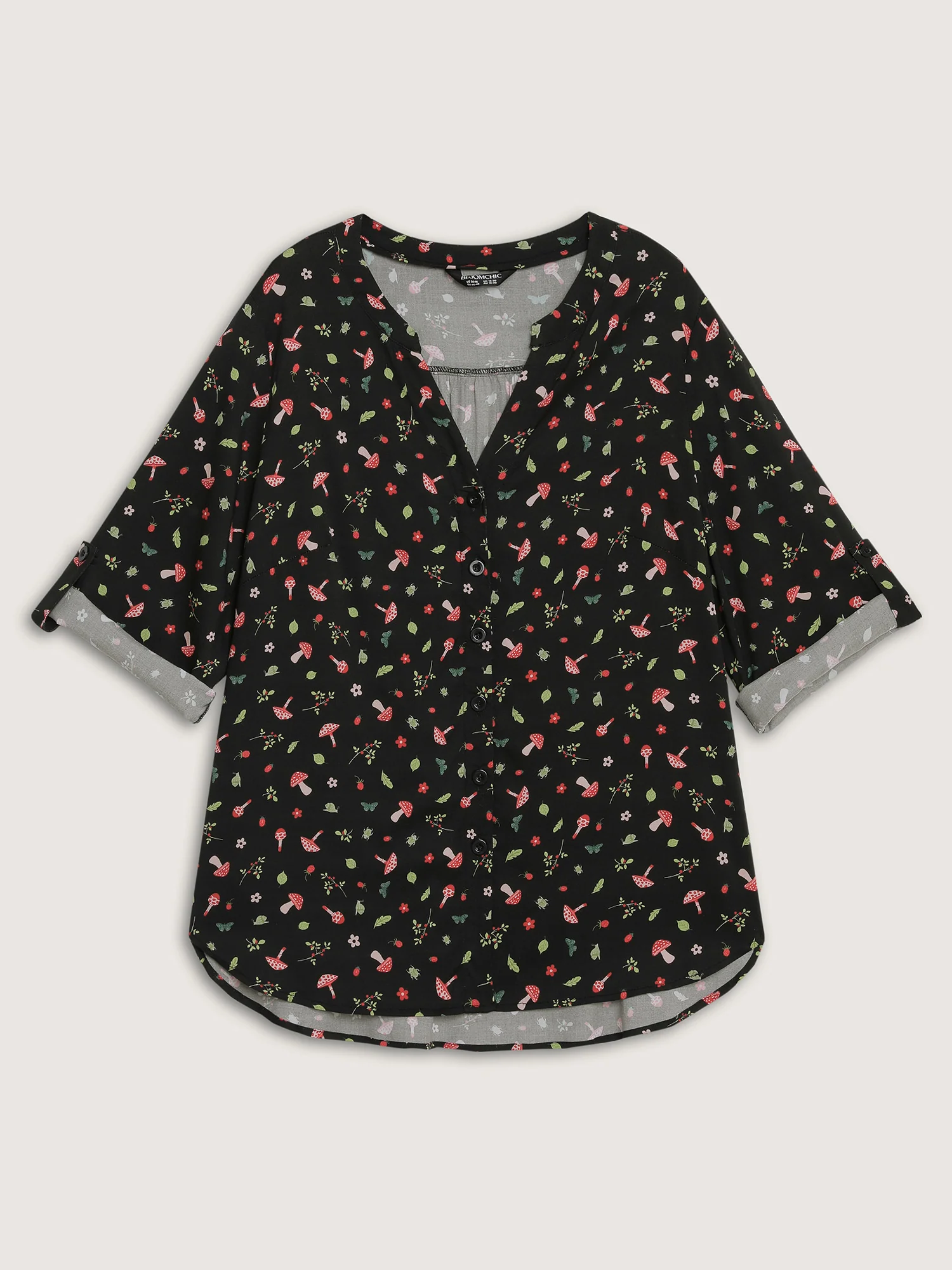 Mushroom Print Adjustable Sleeve Placket Blouse - Image 7
