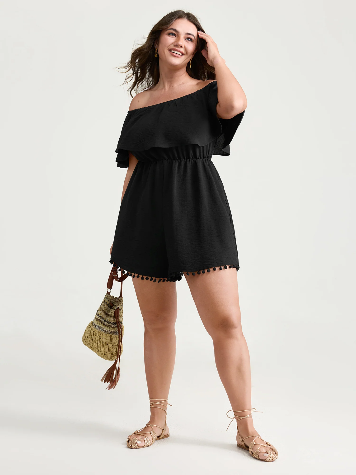 Off-Shoulder Tassel Hem Romper - Image 3