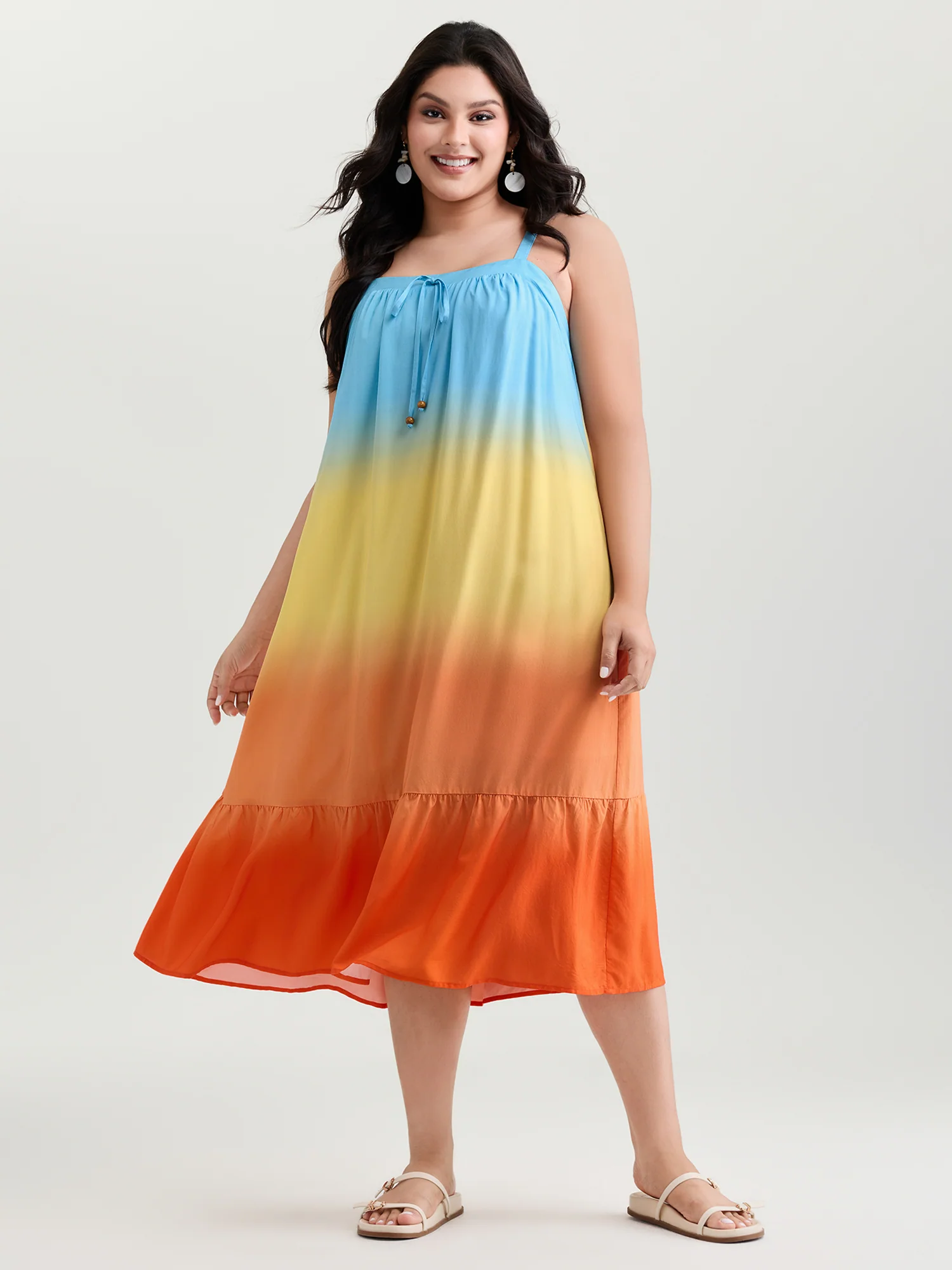 Ombre Drawstring Neckline Tiered Midi Dress - Image 3