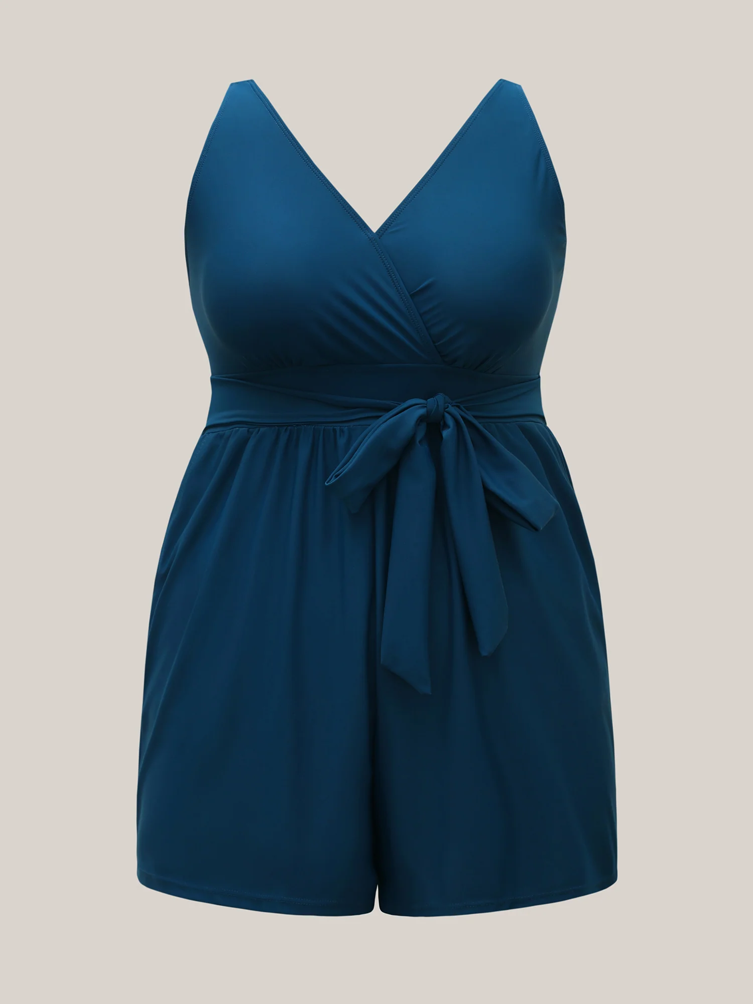 Surplice Neckline Belted Plain One-Piece Swimsuit - Image 11