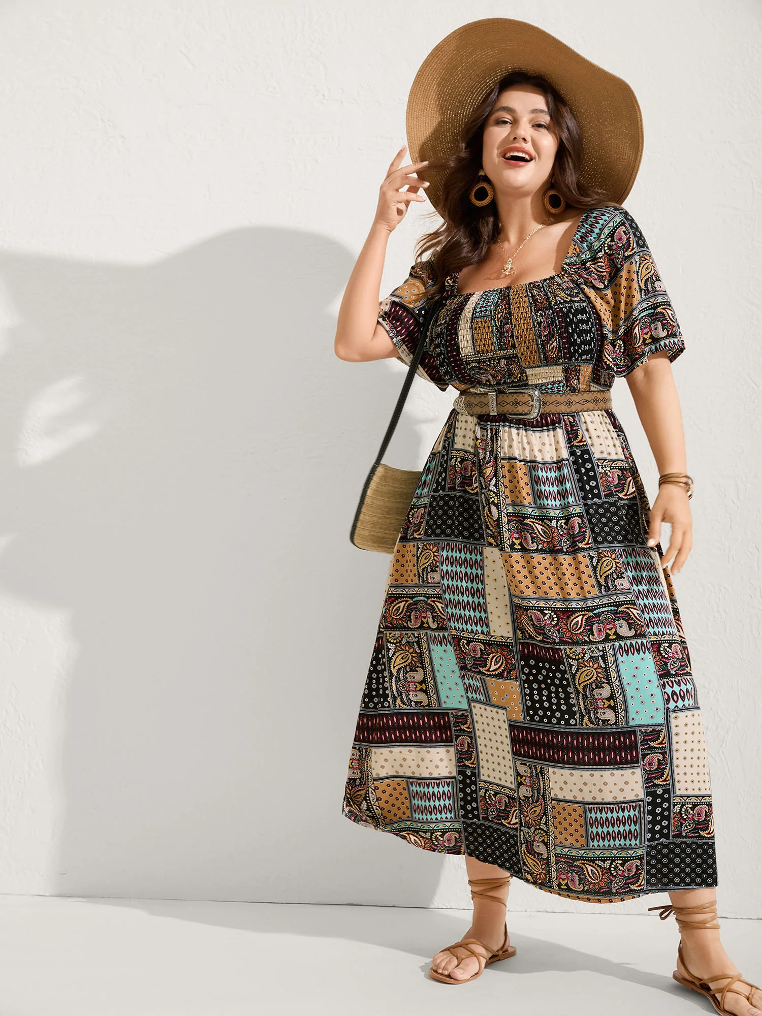 Paisley Floral Collage Shirred Pockets Midi Dress - Image 3