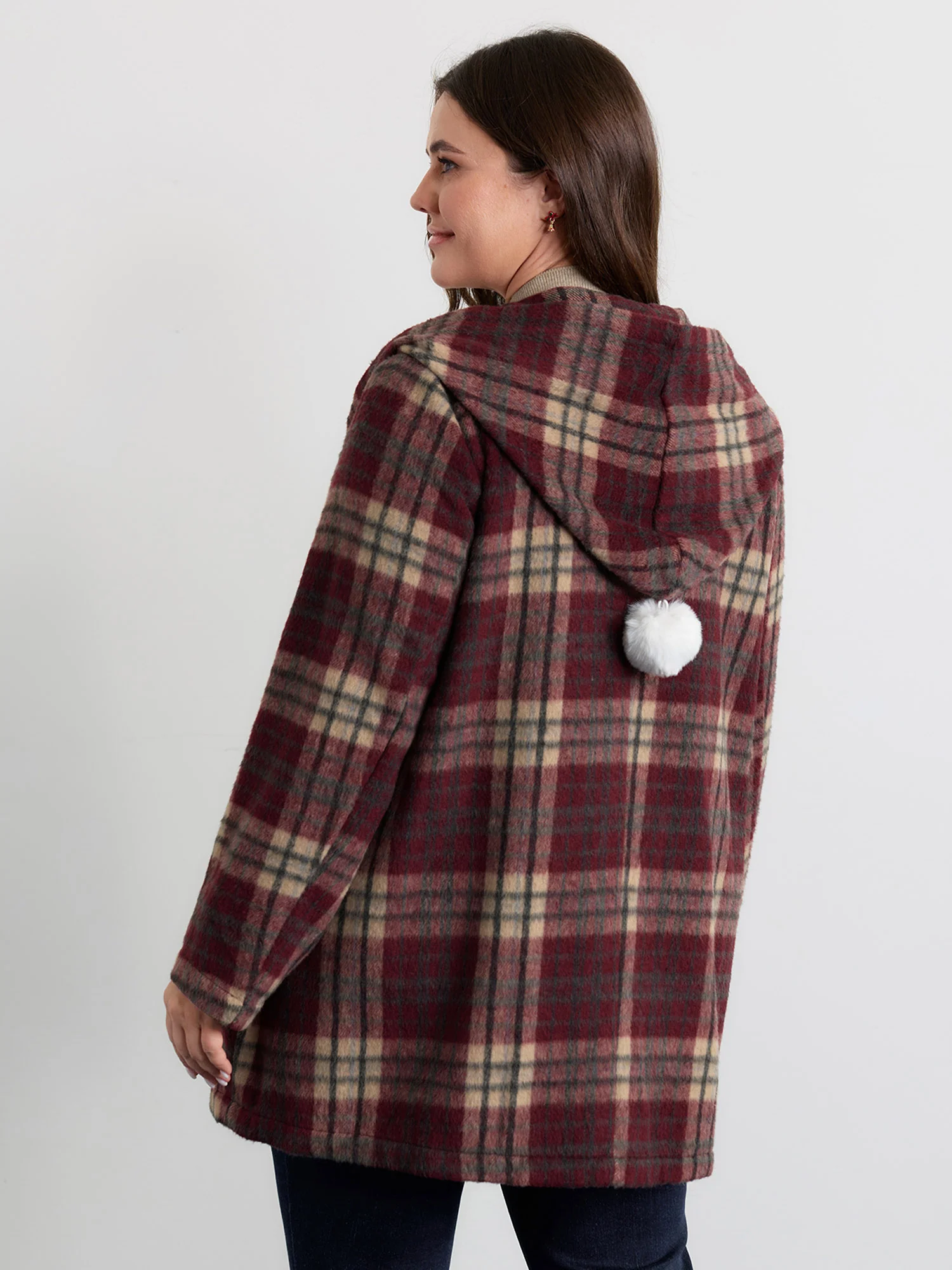 Plaid Fleece Hooded Button Coat - Image 4
