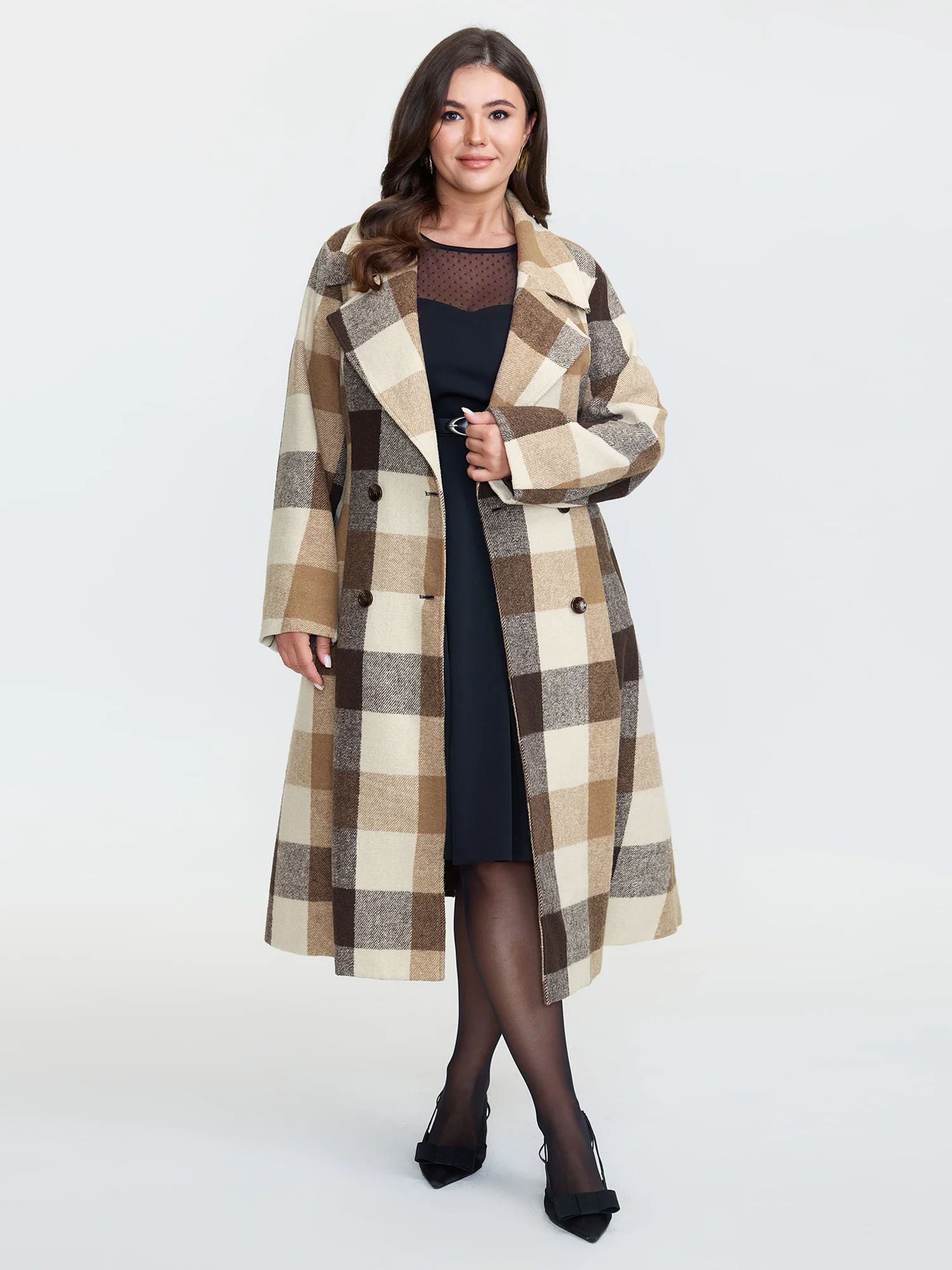 Plaid Lapel Double Breasted Belted Waist Coat - Image 2