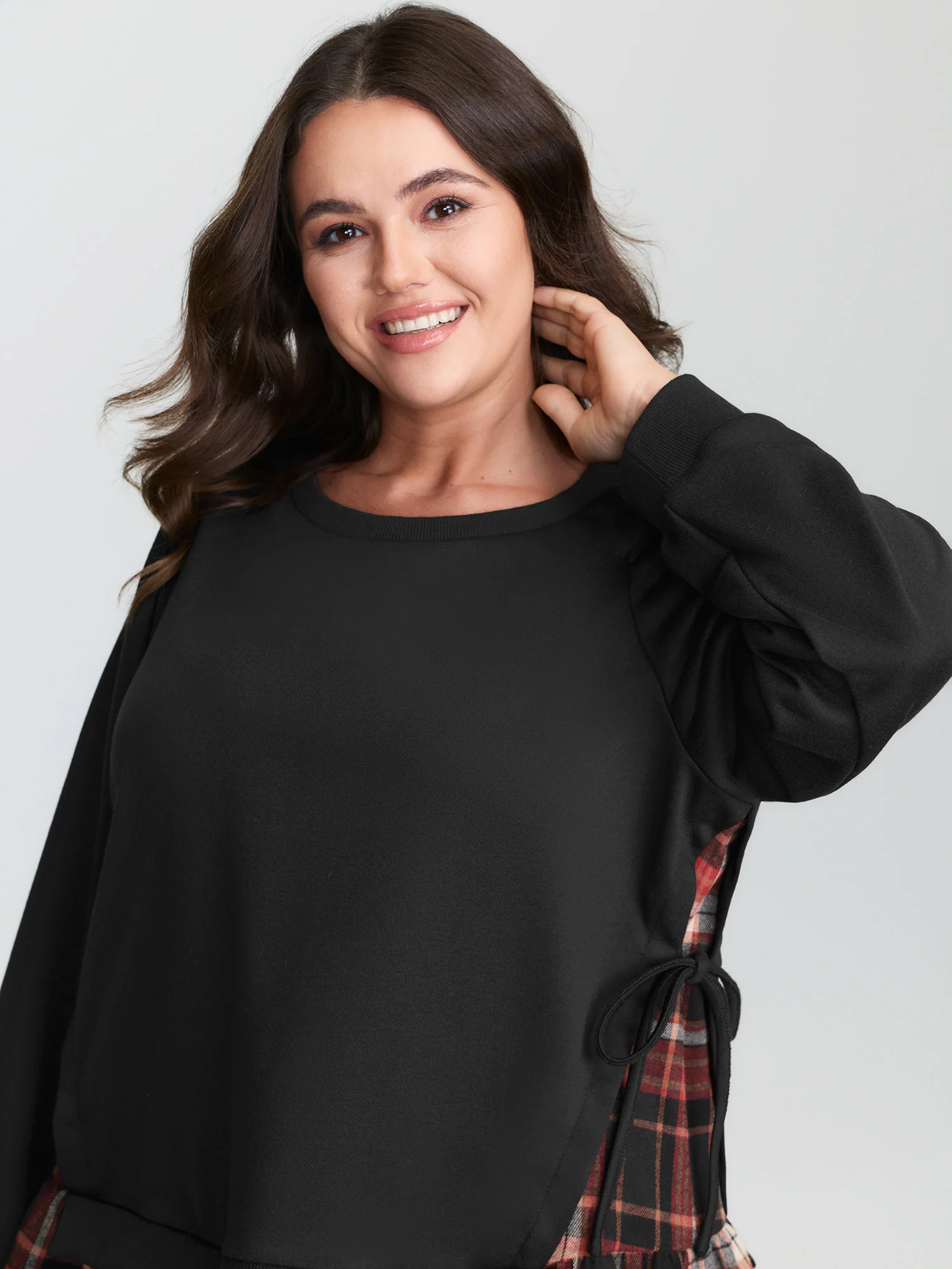 Plaid Pattern Layered Stretchy Sweatshirt - Image 2