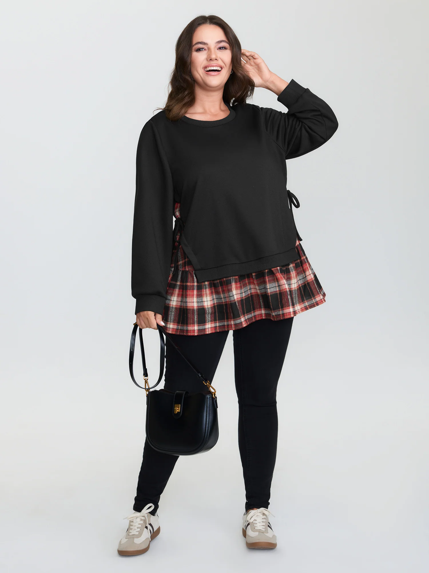 Plaid Pattern Layered Stretchy Sweatshirt - Image 3