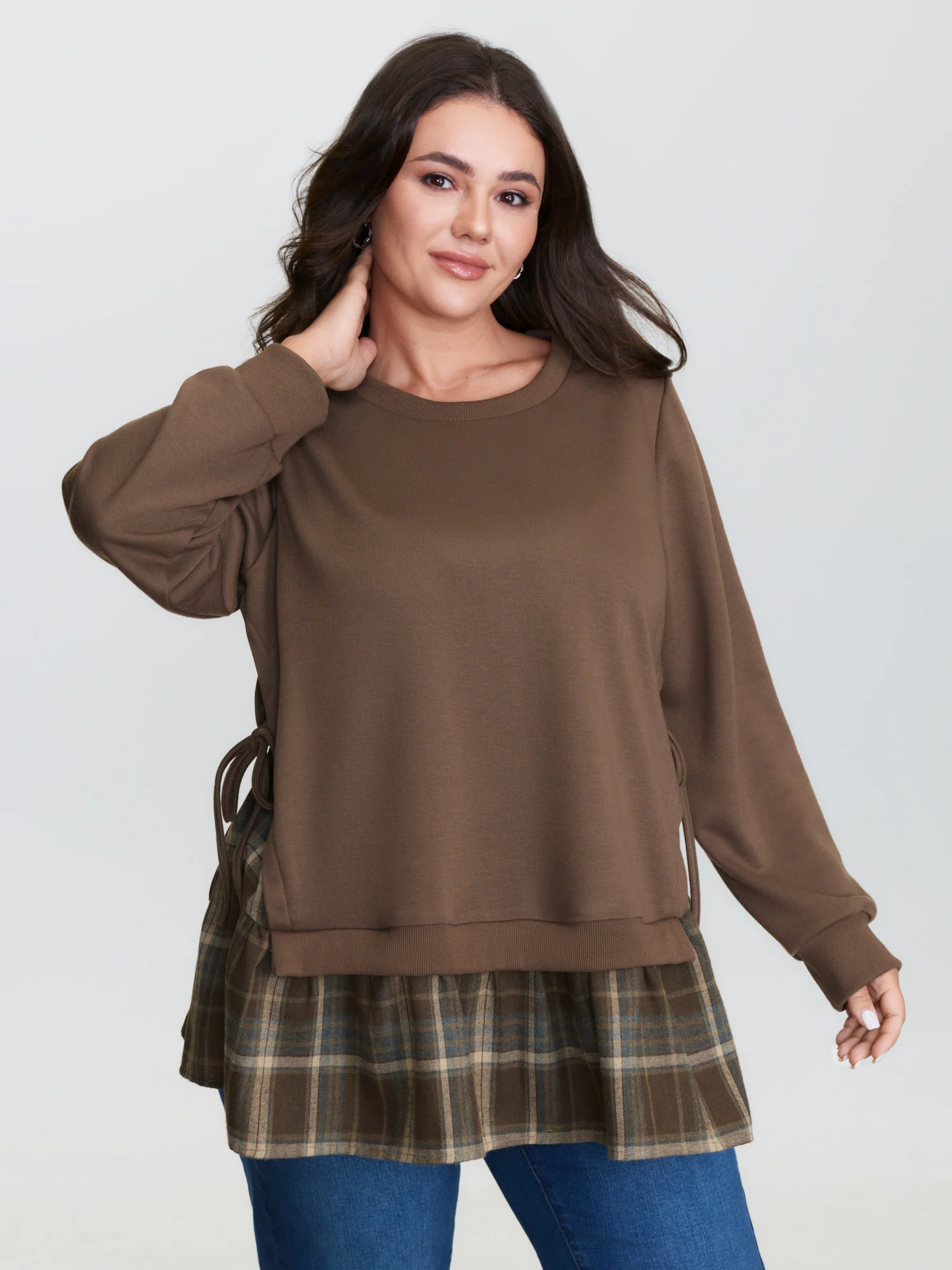 Plaid Pattern Layered Stretchy Sweatshirt - Image 6