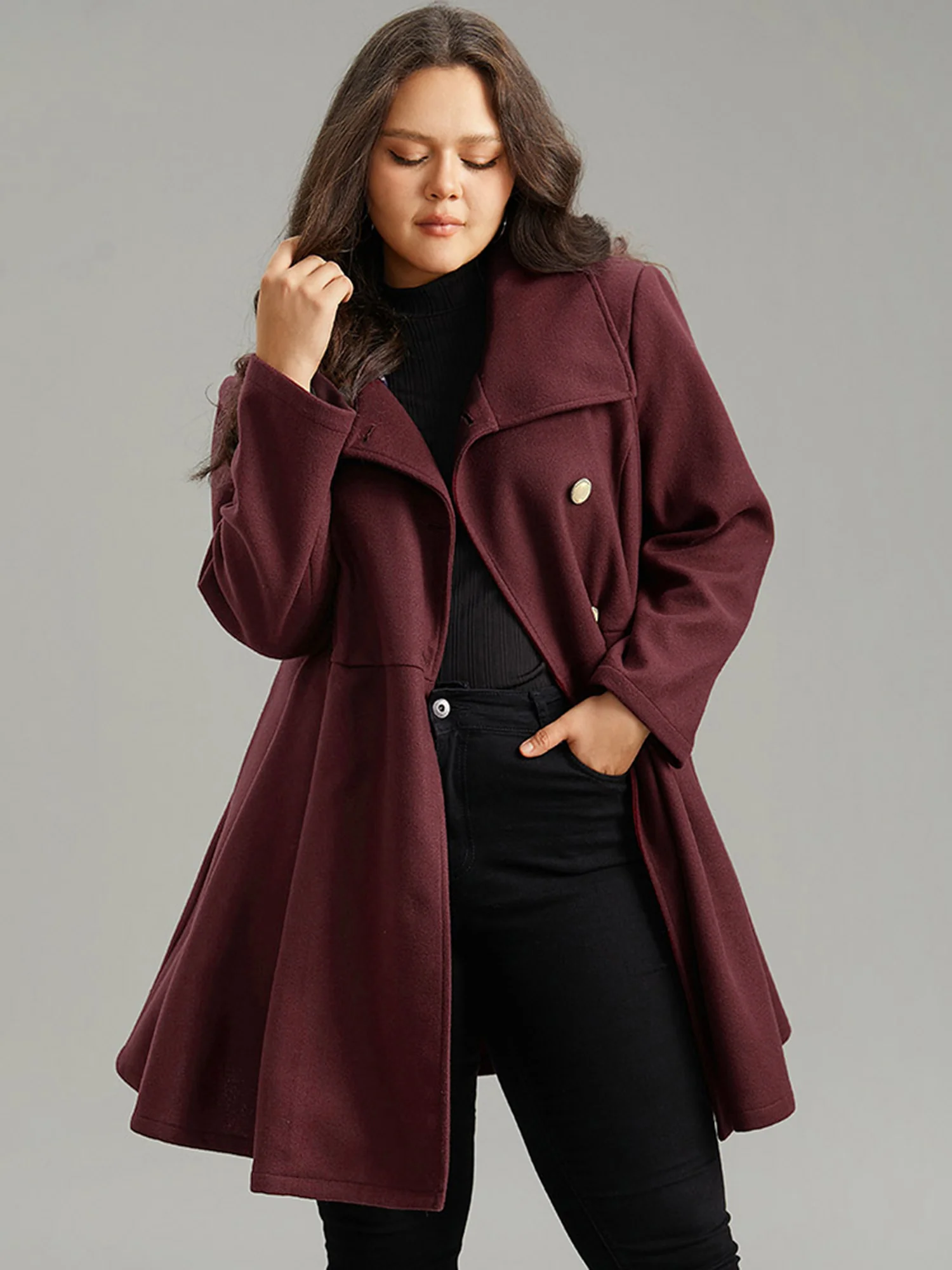 Plain Button Up Pocket Asymmetrical Lapel Collar Coat - Image 11
