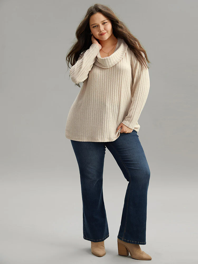 Plain Rib Knit Cowl Neck T-Shirt - Image 5