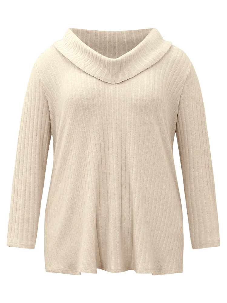 Plain Rib Knit Cowl Neck T-Shirt - Image 8