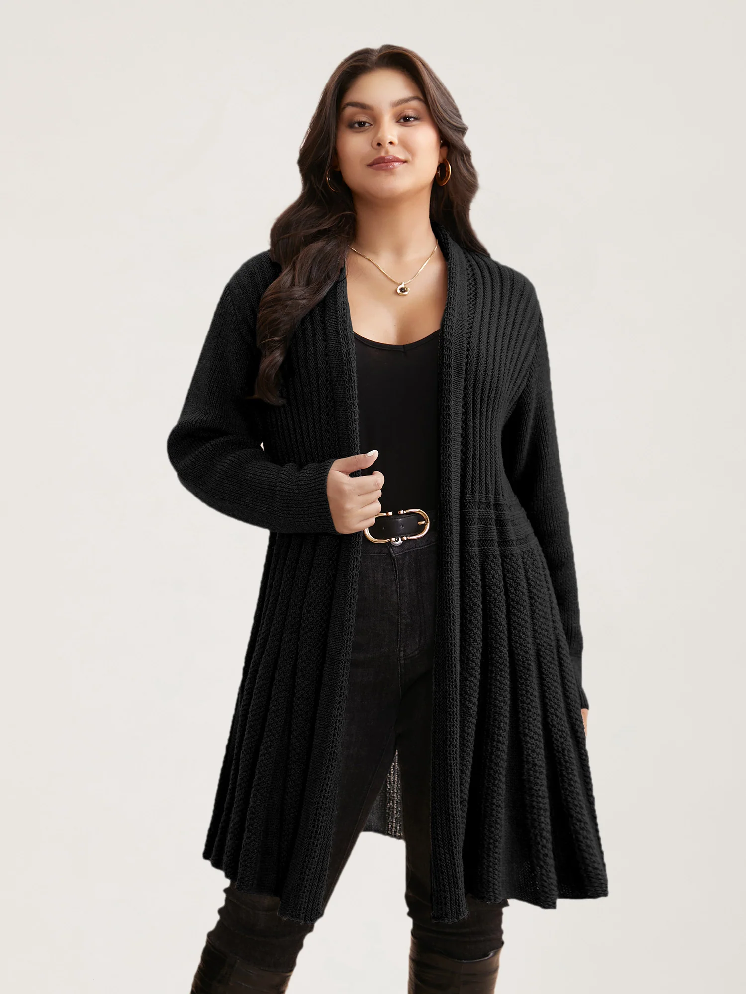 Plain Textured Kimono Collar Cardigan - Image 3
