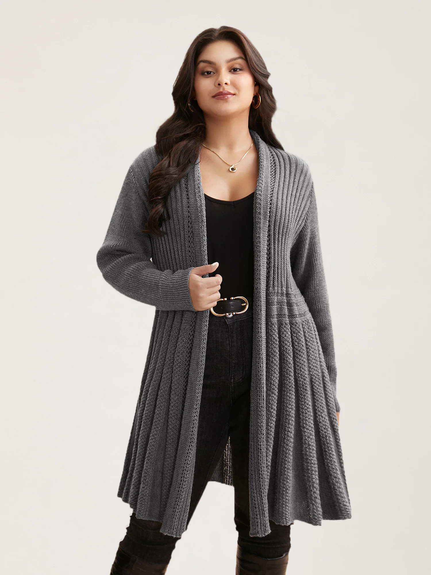 Plain Textured Kimono Collar Cardigan - Image 7