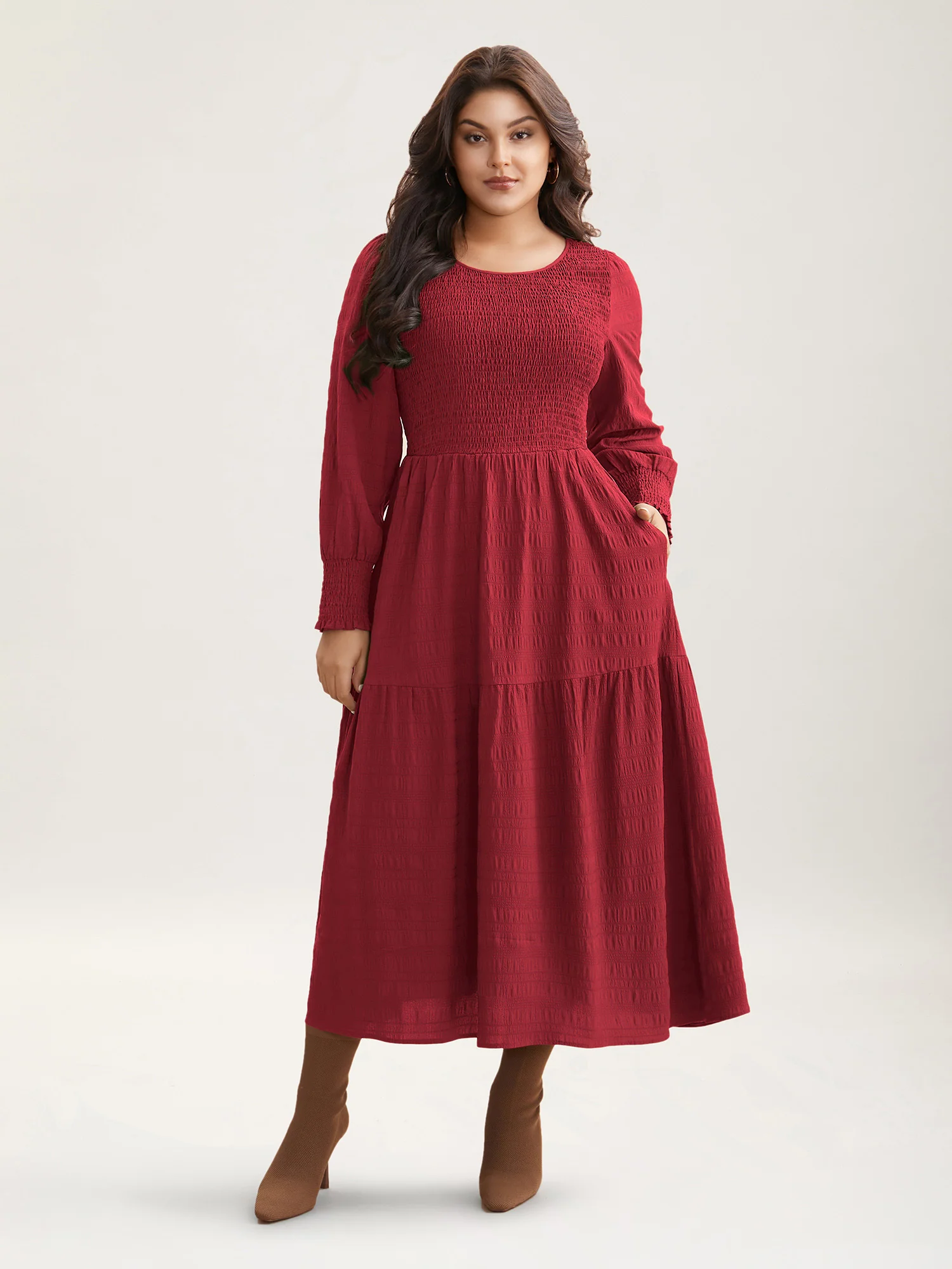 Plain Textured Shirred Midi Dress - Image 19