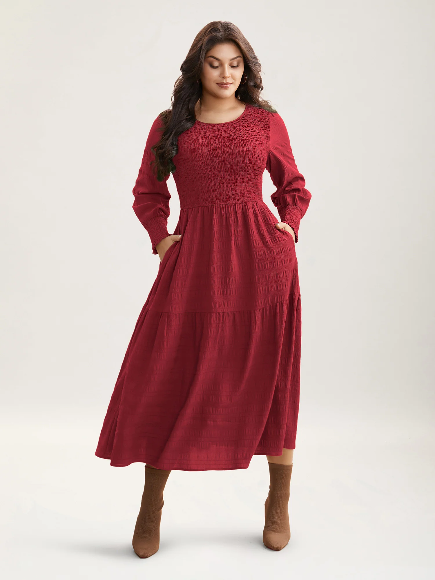 Plain Textured Shirred Midi Dress - Image 22