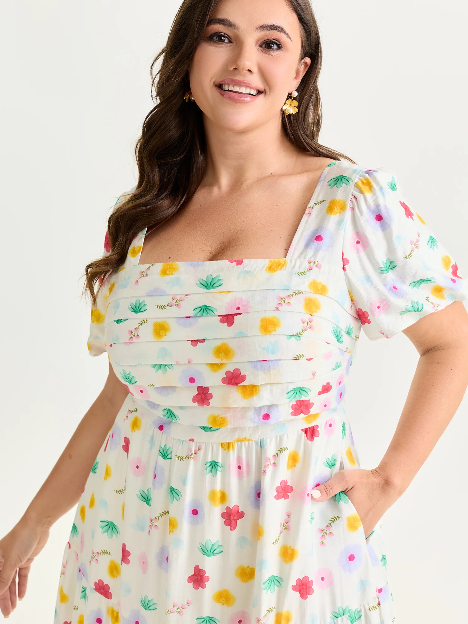 Playful Floral Print Pleated Flowy Midi Dress - Image 4