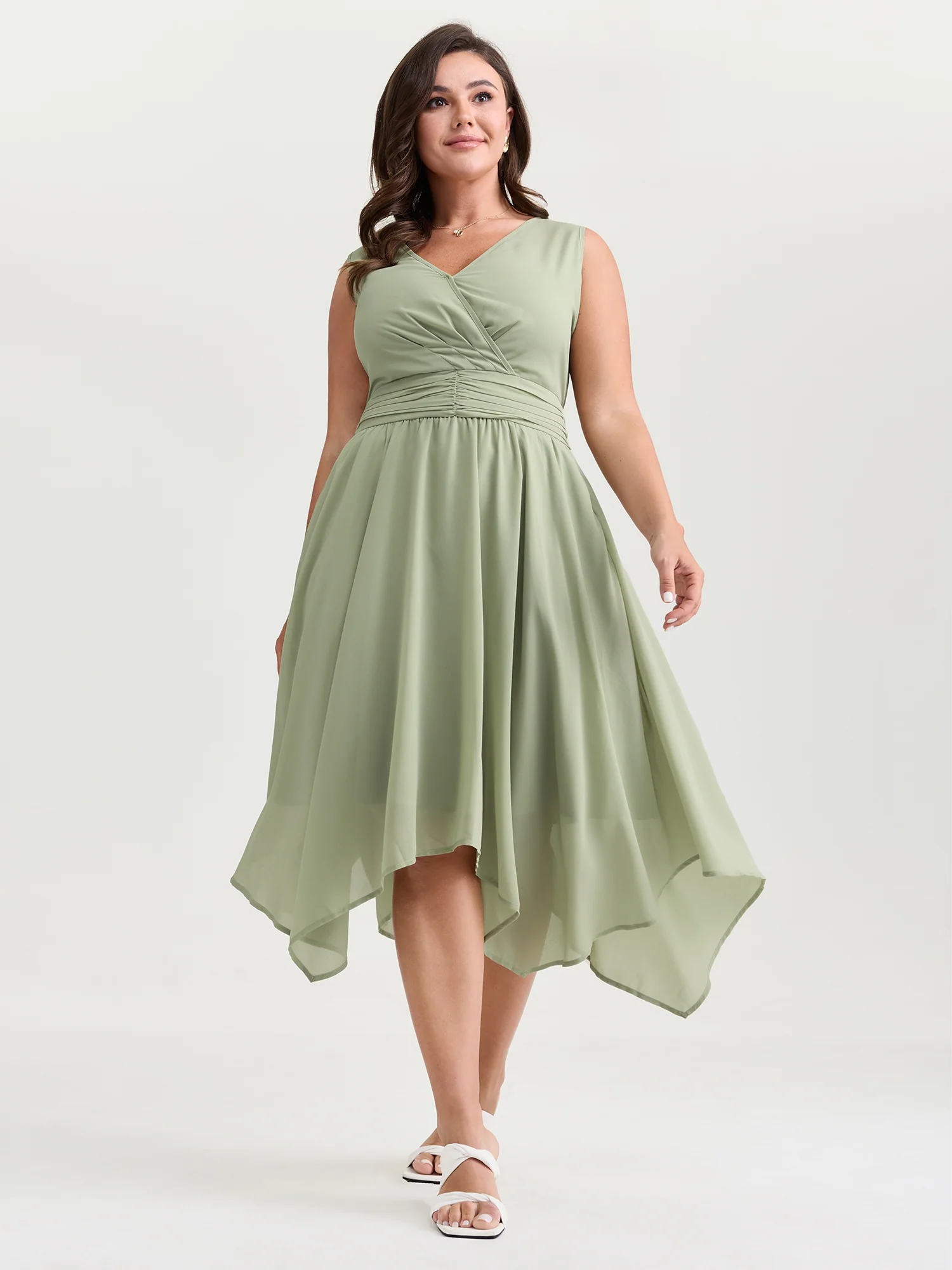 Pleated Waist Pockets High Low Hem Midi Dress - Image 3