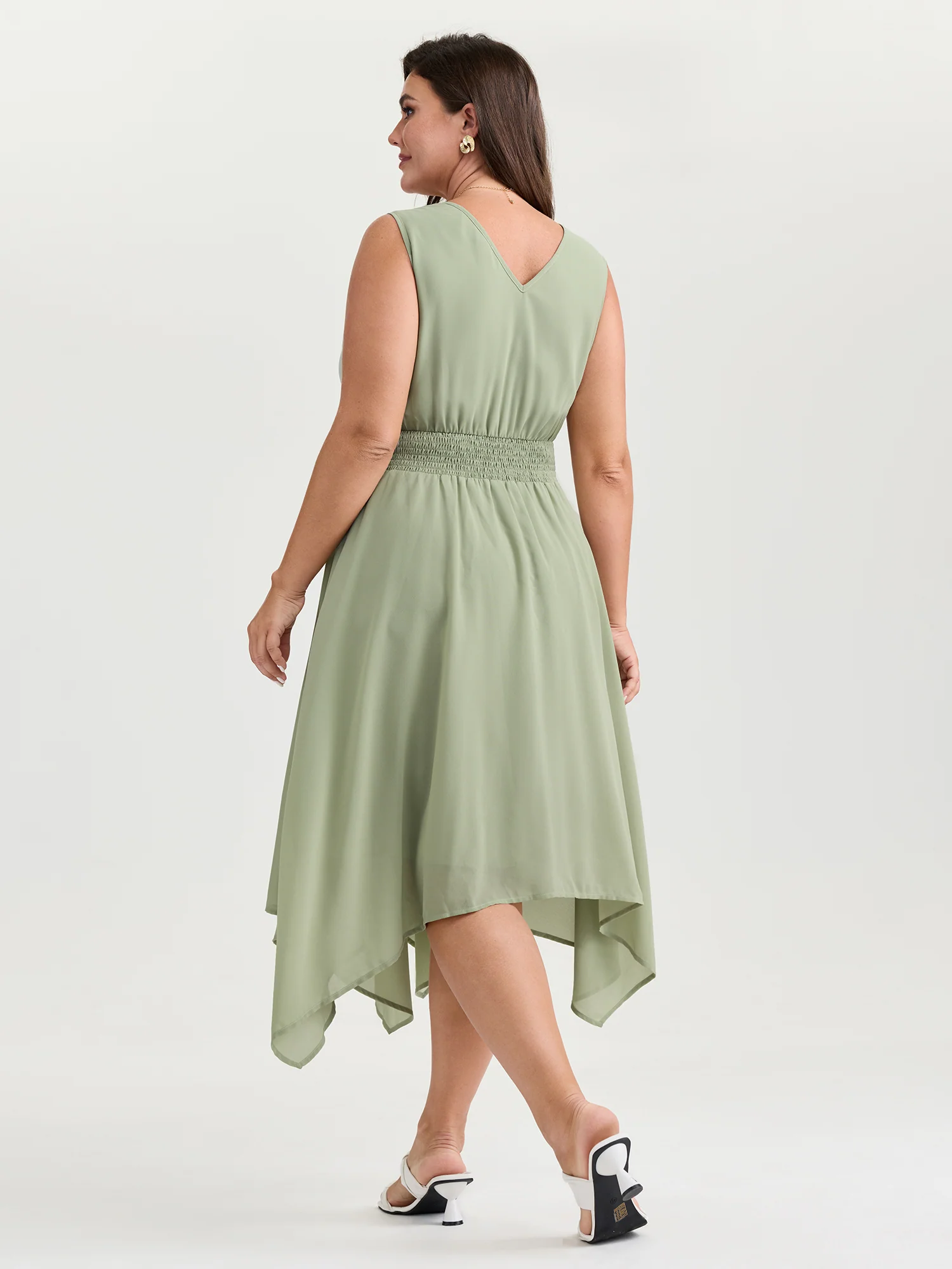 Pleated Waist Pockets High Low Hem Midi Dress - Image 4