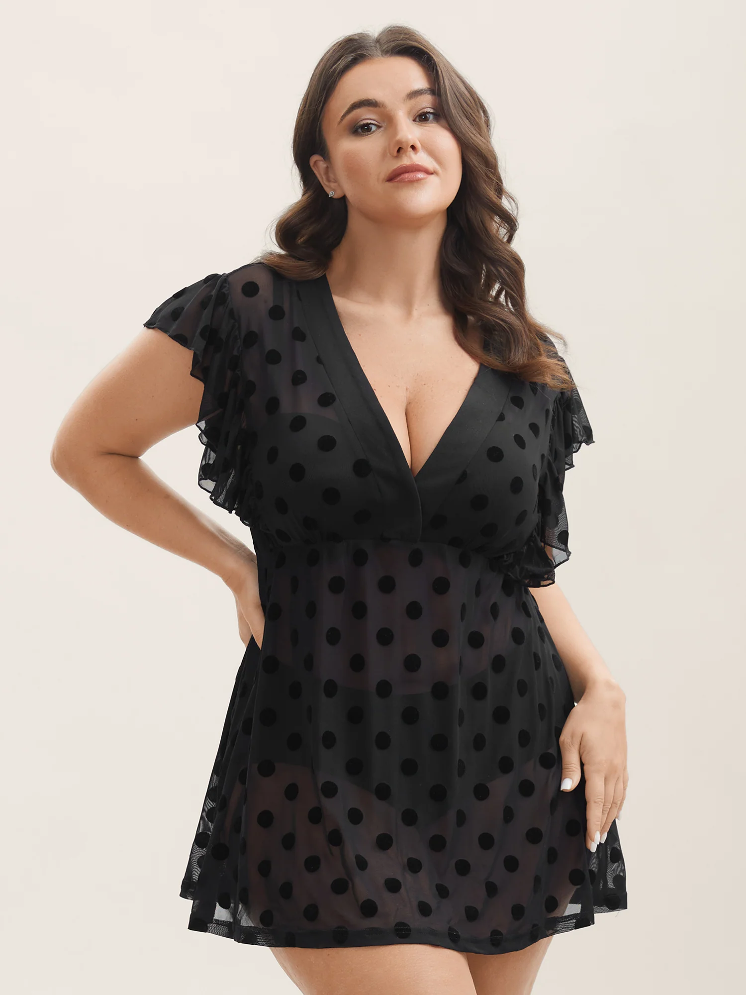 Polka Dot Mesh Ruffle Cap Sleeve Nightgown