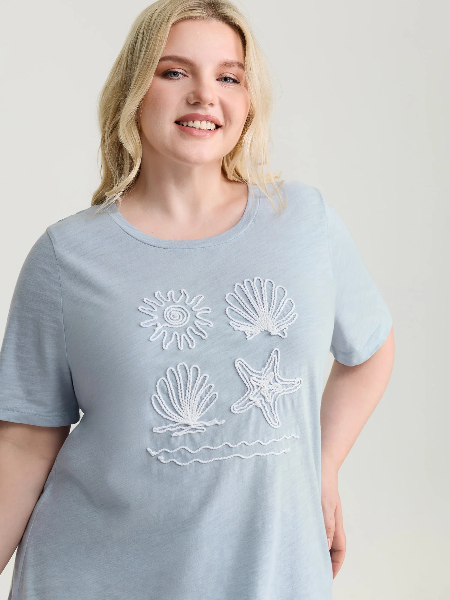 Pure Cotton Ocean Embroidered Stretchy T-Shirt - Image 2