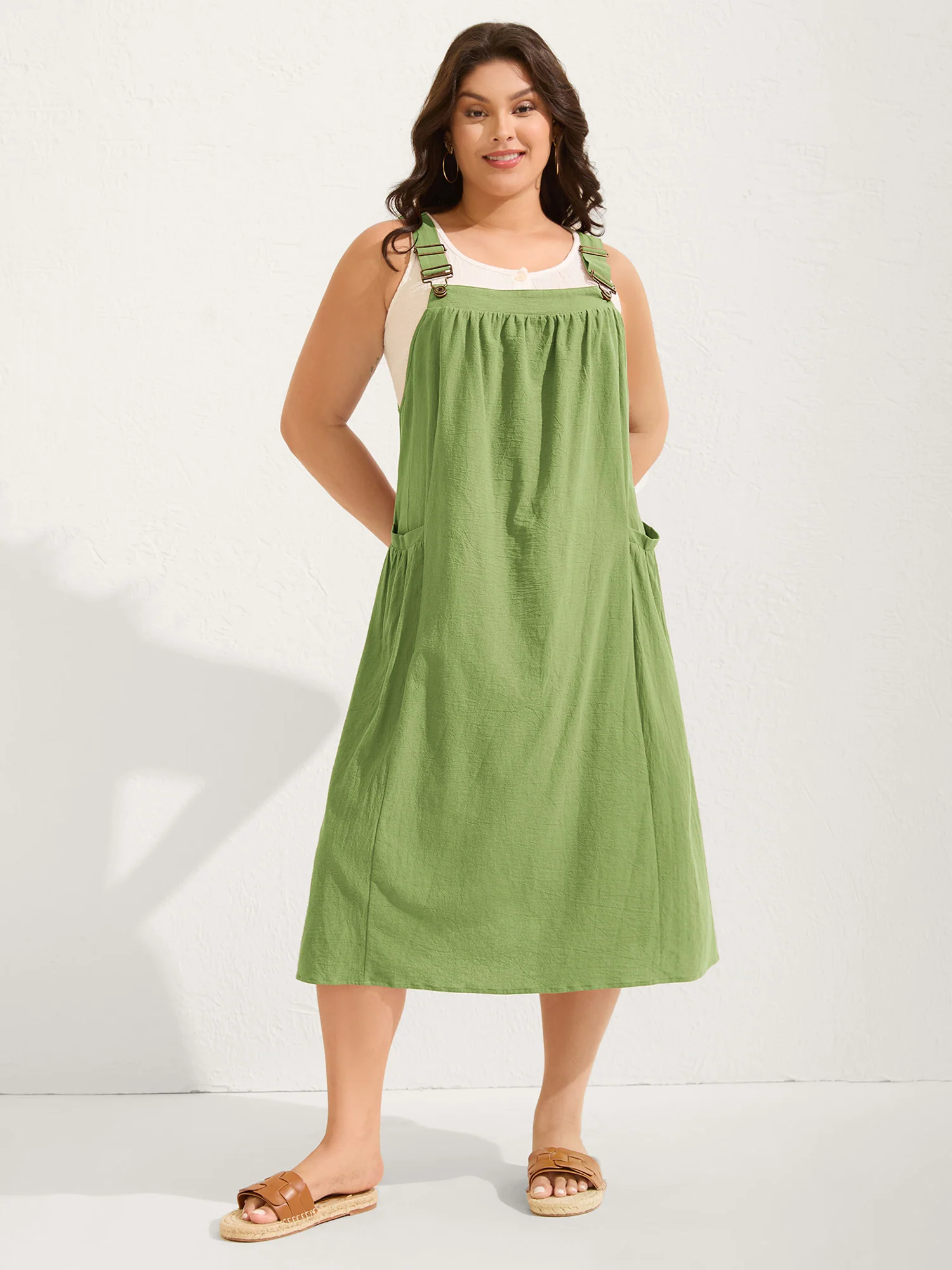 Pure Cotton Pleated Pockets Midi Dress - Image 17