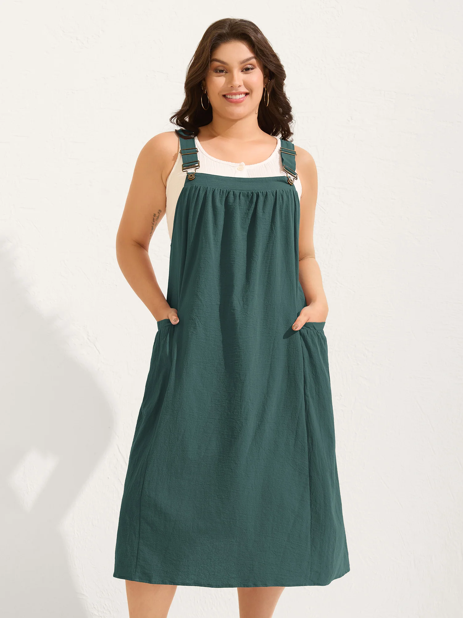 Pure Cotton Pleated Pockets Midi Dress - Image 20